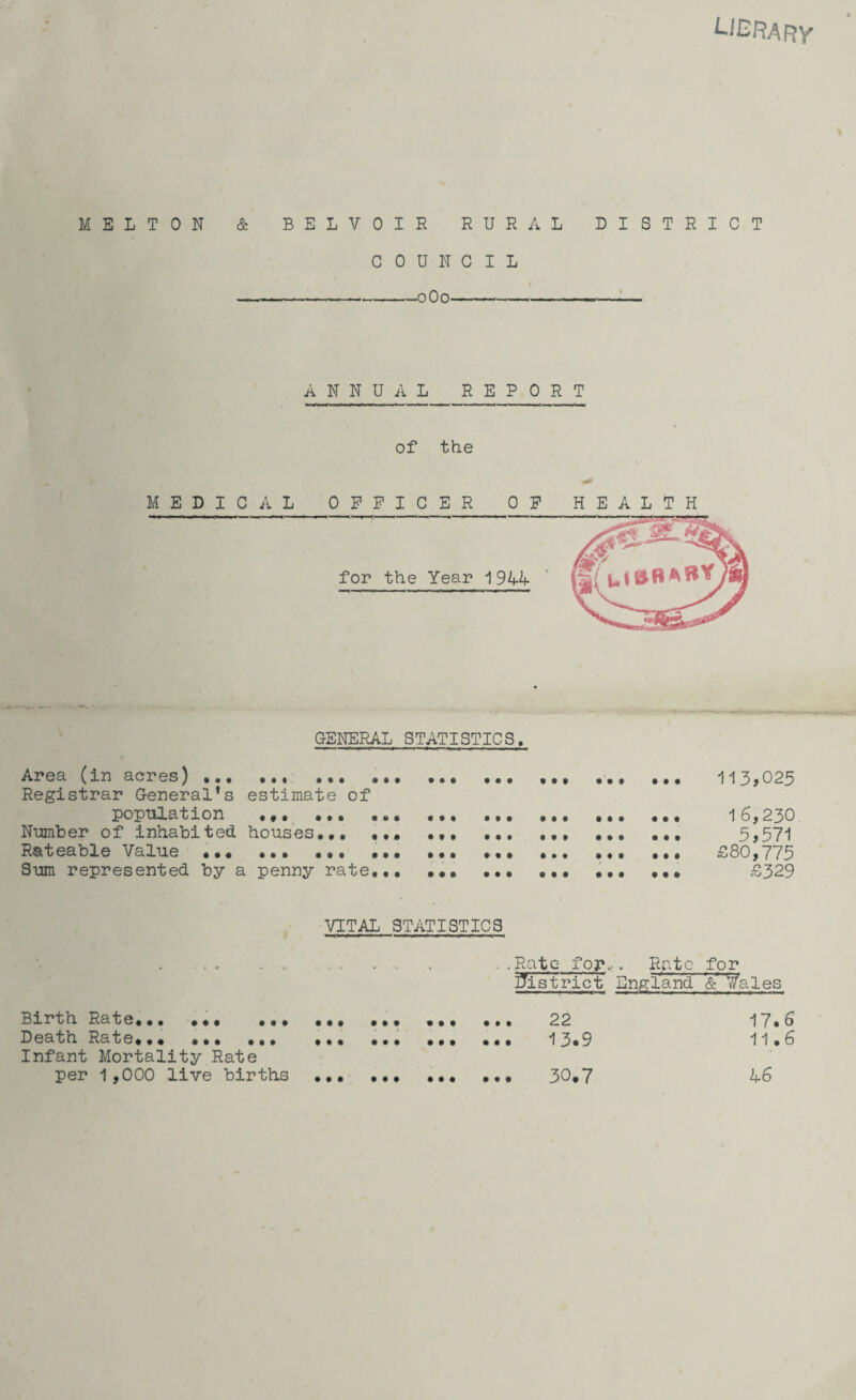 library MELTON & BELVOIR RURAL DISTRICT COUNCIL -oOo--- ANNUAL REPORT of the MEDICAL OFFICER OF HEALTH GENERAL STATISTICS. Area (in acres) ... .. ... ... ... ... ... ... 113,025 Registrar General’s estimate of population ... ... ... ... ... ... 16,230 Number of inhabited houses.. ... 5,571 Rateable Value . ... ... ... .. £80,775 Sum represented by a penny rate... ... . ... ... £329 VITAL STATISTICS ..Rate fop.. Rate for IS strict England & Vales Birth Rate... ... ... ... ... ... ... 22 17.6 Death Rate... ... ... ... ... ... ... 13.9 11.6 Infant Mortality Rate per 1,000 live births . 30,7 46