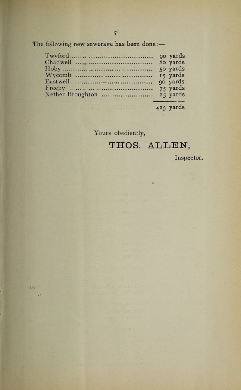 The following new sewerage has been done:— Twyford. 90 yards Chadwell . 80 yards Iloby. 50 yards Wycomb . 15 yards Eastwell .... 90 yards Freeby . 75 yards Nether Broughton . 25 yards 425 yards Yours obediently, THOS. ALLEN, Inspector.