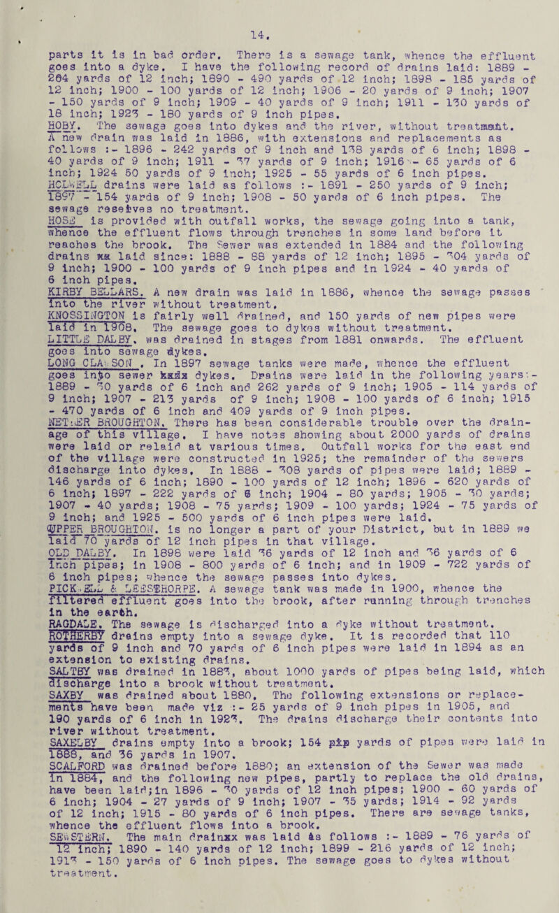 14. parts it is In bad order. There is a sewage tank, whence the effluent goes into a dyke, I have the follov^ing record of drains laid: 1889 - 204 yards of 12 inch; 1690 - 490 yards of 12 inch; 1898 - 185 yards of 12 inch; 1900 - 100 yards of 12 inch; 1906 - 20 yards of 9 inch; 1907 - 150 yards of 9 inch; 1909 - 40 yards of 9 inch; 1911 - 130 yards of 18 inch; 1923 - 180 yards of 9 inch pipes. The S07;ag9 goes into dykes and the river, without treatmaht. A new drain was laid in 1886, with extensions and replacements as follows 1896 *• 242 yards of 9 inch and 138 yards of 6 inch; 1898 - 40 yards of 9 inch; 1911 - 37 yards of 9 inch; 191665 yards of 6 inch; 1924 60 yards of 9 inch; 1925 - 65 yards of 6 inch pipes. HCLwgLL drains were laid as follows :- 1891 - 250 yards of 9 inch; 189V - 154 yards of 9 inch; 1908 - 50 yards of 6 inch pipes. The sewage reserves no treatment. HOSg is provided with outfall works, the sewage going into a tank, whence the effluent flows through trenches in some land before it reaches the brook. The Sewer was extended in 1884 and the follov/ing drains sta laid since: 1888 - 88 yards of 12 inch; 1895 - 304 yards of 9 Inch; 1900 - 100 yards of 9 inch pipes and in 1924 - 40 yards of 6 inch pipes. KIRBY BSLLARS. A new drain was laid in 1886, whence the sewage passes ' into the river without treatment, KNOSSINGTON Is fairly well drained, and 150 yards of new pipes v;er0 laid in 1908, The sewage goes to dykes without treatment. LITTLE DALBY. was drained in stages from 1881 onwards. The effluent goes into sewage idykes, LONG CLAi^SON . In 1897 sewage tanks were made, whence the effluent goes inyo sewer kaiix dykes. Drains were laid in the following years:- 1889 - 30 yards of 6 inch and 262 yards of 9 inch; 1905 - 114 yards of 9 inch; 1907 - 213 yards of 9 inch; 1908 - 100 yards of 6 inch; 1915 - 470 yards of 6 inch and 409 yards of 9 inch pipes. NETiiER BROUGHTON. There has been considerable trouble over the drain¬ age of this village, I have notes showing about 2000 yards of drains were laid or relaid at various times. Outfall works for the east end of the village were constructed in 1925; the remainder of the sewers discharge into dykes. In 1888 - 308 yards of pipes were laid; 1889 - 146 yards of 6 inch; 1890 - 100 yards of 12 inch; 1896 - 620 yards of 6 inch; 1897 - 222 yards of 0 inch; 1904 - 80 yards; 1905 - 30 yards; 1907 • 40 yards; 1908 - 75 yards; 1909 - 100 yards; 1924 - 75 yards of 9 inch; and 1925 - 500 yards of 6 inch pipes were laid, (^PPER BROUGRTON. is no longer a part of your District, but in 1889 we laid 70 yards of 12 inch pipes in that village. OLD DAL BY, In 1898 v^ere laid 36 yards of 12 inch and. 36 yards of 6 Inch pipes; in 1908 - 800 yards of 6 inch; and in 1909 - 722 yards of 6 inch pipes; whence the sewage passes into dykes. PICK.EI>L k LEESThORPE. A sewage tank was made in 1900, whence the filteref^ effluent goes into the brook, after running through trenches in the earth. ^GDALE. The sewage Is discharged into a dyke without treatment. koT^ER^ drains empty into a sewage dyke. It is recorded that 110 yards of 9 inch and 70 yards of 6 inch pipes were laid in 1894 as an extension to existing drains, SALTBY was drained in 1883, about 1000 yards of pipes being laid, which Sischarge Into a brook without treatment. SAXBY was drained about 1880, The following extensions or replace- ments have been made viz :- 25 yards of 9 inch pipes in 1905, and 190 yards of 6 inch in 1923, The drains discharge their contents into river without treatment. SAXELBY drains empty into a brook; 154 pip yards of pipes were laid in 1688, and 36 yards in 1907, SCALFORD was drained before 1880; an extension of the Sewer was made In 1864, and the folloviing new pipes, partly to replace the old drains, have been laid;in 1896 - 30 yards of 12 Inch pipes; 1900 - 60 yards of 6 inch; 1904 - 27 yards of 9 inch; 1907 - 35 yards; 1914 - 92 yards of 12 inch; 1915 - 80 yards of 6 inch pipes. There are sewage tanks, whence the effluent flows into a brook. SEviSTERN, The main dralnxx was laid As follows 1889 - 76 yards of ■ 12 inch;' 1890 - 140 yards of 12 inch; 1899 - 216 yards of 12 inch; IGl*^ - 150 yards of 6 inch pipes. The sev/age goes to dykes without treatment.