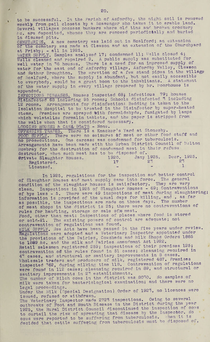 20. to be successful. In the Parish of Asfordby, the night soil is removed weekljj from pail closets by a Scavenger who takes it to arable land. Several villages possess bunkers v^here old tins and broken crockery tVc. are deposited’ whence they are removed periodicially and burled in disused pits, CElViSTii’RI'vS, A new cemetery was laid, out in Scalford; an extension of the cemetery v^as made at Clav^son and an extension of the Churchyard at Frisby; - all in 1925, WATER SUPPLY. Samples analysed 17; condemned 11; V'ells closed 4; V/ells cleaned and repaired 9, A public supply was substituted for well water in 76 houses. There is a need for an improved supply of yjater for the east end of Asfordby village, As.fordby Valley, Clawson and fJether Broughton, The erevtion of a few stand pipes in the villagp of Scalford, where the supply is abundant, but not easily accessible to everybody, would be a great boon to the inhabitants. A stat-.3ment of the water supply in every village prepared by f/ir, i'oorhoui.se is appended, INFECTIOUS DISEASES. Houses Inspected 68; infectious 7-9; houses disinfected 66 including 95 rooms; Schools disinfected 7 including 12 rooms. Arrangements for disinfection: Bedding is taken to the Isolation Hospital to be treated in the Disinfector by super-heated steam. Premises are sprayed teith formaldehyde, fumigated by lamps which volatalize formalin tablets, and the paper is stripped from the walls when that is considered necessary, LODGING HOUSES h CA.N1; BOATS - None. OFFENSIVE TRAPES There is a Knacker’s Yard at Stonesby. FOOD SUPPLY, There were no seizures 4f meet or other food stuff and no prosecutions, One carcase was condemned for tuberculosis. Arrangements have been made with the Urban District Council of Delton Mowbray for the destruction of condemned meat in their refuse destructor, when such meat has to be f^isposed of, 6rivate Slaughter Houses. 1920. Jany 1925. Registered. 17 27 Licensed. In 1925, regulations for the inspection and better control of Slaughter Houses and meat supply came into force. The general condition of the slaughter houses is satisfactory. They are very clean. Inspections in 1925 of Slaughter Houses - 69; Contraventions of bye laws - 5, There were 49 inspections of meat during slaughtering information is provided, of the usual days for killing, and , as far as possible, the inspections are made on those days. The number of meat shops in the district is 25; there were no contraventions of rules for handling, storage or sale ofxi meat. Food, other than meat: Inspections of places where food is stored or sold.-21. The existing powers of control are adequate; not contravention of regulations vjas found. MILK SUPPLY. New Acts have been passed in the five years under review. Regulations were adopted and a Veterinary Inspector appointed under the provisions of the Dairies, Cowsheds and Milk Shops Orders 1885 to 1889 &c. and the milk and Dairies Amendment Act 1922. Retail salesmen registered 259; inspections of their premises 125; contravention of the rules found in 51 cases; cleansing required in 47 cases, and structural or sanitary improvements in 8 cases, Viholesale traders and producers of milk, registered 487. Premises inspected 762, during milking time 118. Contravention of regulations were found in 112 cases; cleansing required in 89, and structural or sanitary improvements in 2k establishments. The number of Milch cows in the district was 8070, No samples of milk were taken for bacteriological examination; and there were no legal proceedings. Under the i/lilk (npecial Designation) Order of 1927, no licences were issued, refused or withdrawn. The Veterinary Inspector made 2727 inspections. Owing to several outbreaks of Foot and Mouth Disease in the District during the year 1925, the Rural District Council discontinued the inspection of cows to curtail the risk of spreading that disease by the Inspector. No covtis were reported to be suffering from tuberculosis, 'hen it ^s decided that cattle suffe'i?ing from tuberculosis must be disposed ot, Deer. 1925, 27 1