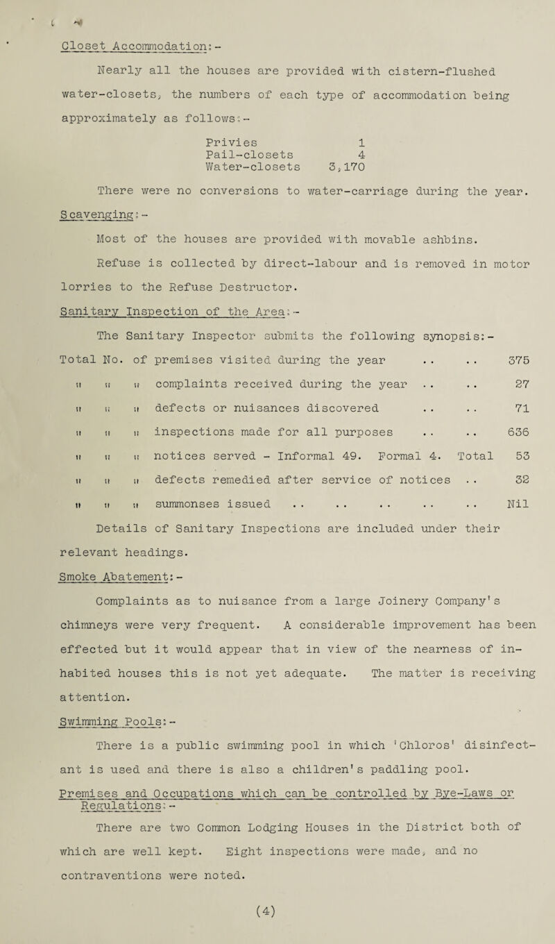 Closet Accommodation;- Nearly all the houses are provided with cistern-flushed water-closetS; the numhers of each type of accommodation being approximately as follows;- Privies 1 Pail-closets 4 Water-closets 3jl70 There were no conversions to water-carriage during the year. S cavenging;- Most of the houses are provided with movable ashbins. Refuse is collected by direct-labour and is removed in motor lorries to the Refuse Destructor. Sanitary Inspection of the Area;- The Sanitary Inspector submits the following synopsis:- Total No. Of premises visited during the year 375 u It It complaints received during the year 27 u I! It defects or nuisances discovered 71 II It It inspections made for all purposes 636 It It It notices served - Informal 49. Formal 4. Total 53 It It 11 defects remedied after service of notices .. 32 tl It 11 summonses issued • * •• •• •• •• Nil Details of Sanitary Inspections are included under their relevant headings. Smoke Abatement:- Complaints as to nuisance from a large Joinery Company’s chimneys were very frequent. A considerable improvement has been effected but it would appear that in view of the nearness of in¬ habited houses this is not yet adequate. The matter is receiving attention. Swimming Pools:- There is a public swimming pool in which 'Chloros' disinfect¬ ant is used and there is also a children's paddling pool. Premises and Occupations which can be controlled by Bye-Laws or Regulations:- There are two Common Lodging Houses in the District both of which are well kept. Eight inspections were made^ and no contraventions were noted.