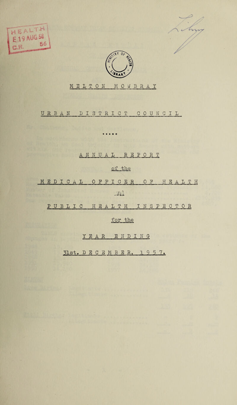 URBAN DISTRICT COUNCIL ANNUAL REPORT of the MEDICAL OFFICER OR HEALTH PUBLIC HEALTH INSPECTOR for the yea r ending- 31st. DECEMBER, 1 9 5 To