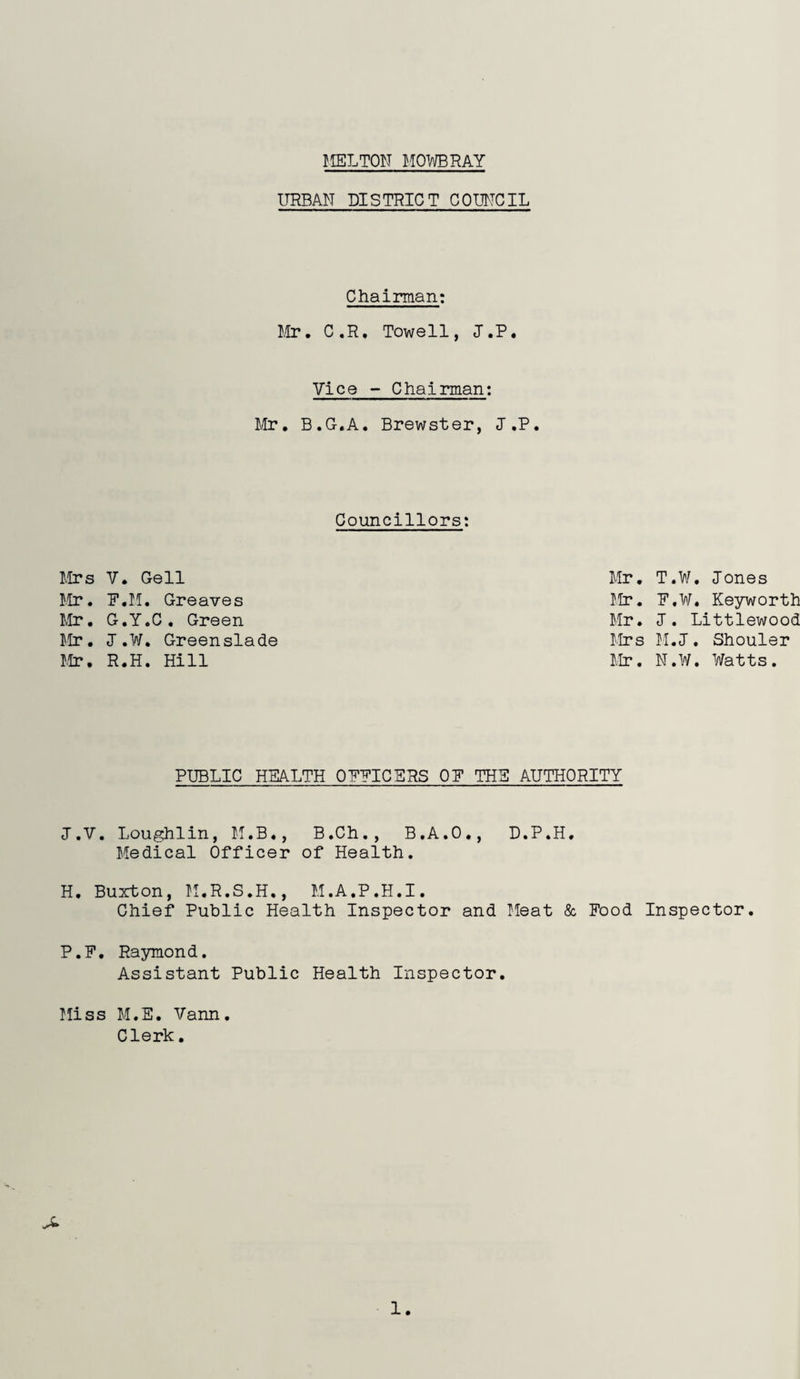 MELTON MOWBRAY URBAN DISTRICT COUNCIL Chairman: Mr. C.R. Towell, J.P. Vice - Chairman: Mr. B.G.A. Brewster, J.P. Councillors: Mrs V. Gell Mr. F.M. Greaves Mr. G.Y.C. Green Mr. J.W. Greenslade Mr. R.H. Hill Mr. T.W. Jones Mr. F.W. Keyworth Mr. J. Littlewood Mrs M.J. Shouler Mr. N.W. Watts. PUBLIC HEALTH OFFICERS OF THE AUTHORITY J.V. Loughlin, M.B., B.Ch., B.A.O., D.P.H. Medical Officer of Health. H. Buxton, M.R.S.H., M.A.P.H.I. Chief Public Health Inspector and Meat & Food Inspector. P.F. Raymond. Assistant Public Health Inspector. Miss M.E. Vann. Clerk. 1