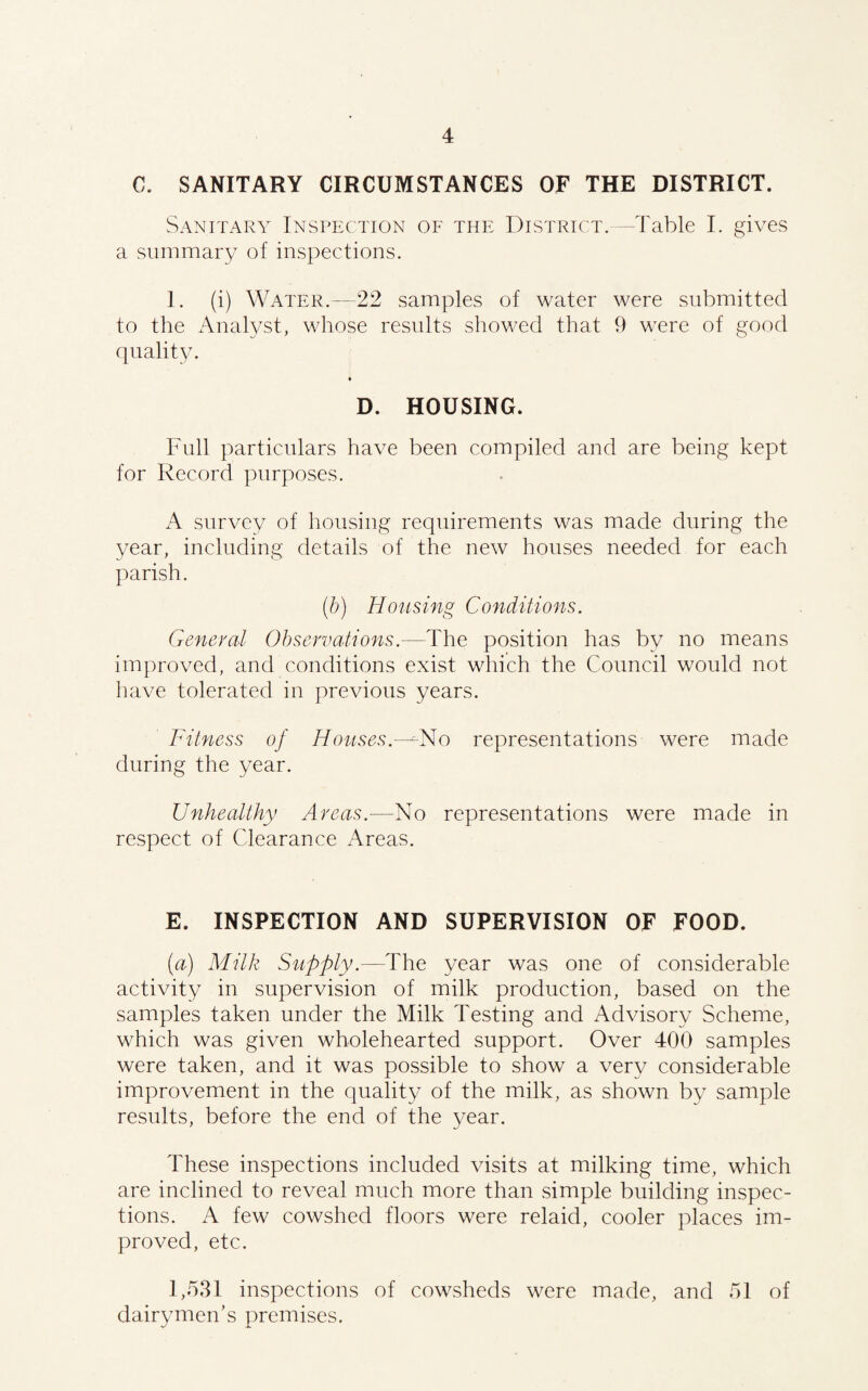 C. SANITARY CIRCUMSTANCES OF THE DISTRICT. Sanitary Inspection of the District.—Table I. gives a summary of inspections. 1. (i) Water.—22 samples of water were submitted to the Analyst, whose results showed that 9 were of good quality. D. HOUSING. Full particulars have been compiled and are being kept for Record purposes. A survey of housing requirements was made during the year, including details of the new houses needed for each parish. (b) Housing Conditions. General Observations.—The position has by no means improved, and conditions exist which the Council would not have tolerated in previous years. Fitness of Houses—-No representations were made during the year. Unhealthy Areas.—No representations were made in respect of Clearance Areas. E. INSPECTION AND SUPERVISION OF FOOD. (a) Milk Supply.—The year was one of considerable activity in supervision of milk production, based on the samples taken under the Milk Testing and Advisory Scheme, which was given wholehearted support. Over 400 samples were taken, and it was possible to show a very considerable improvement in the quality of the milk, as shown by sample results, before the end of the year. These inspections included visits at milking time, which are inclined to reveal much more than simple building inspec¬ tions. A few cowshed floors were relaid, cooler places im¬ proved, etc. 1,531 inspections of cowsheds were made, and 51 of dairymen’s premises.