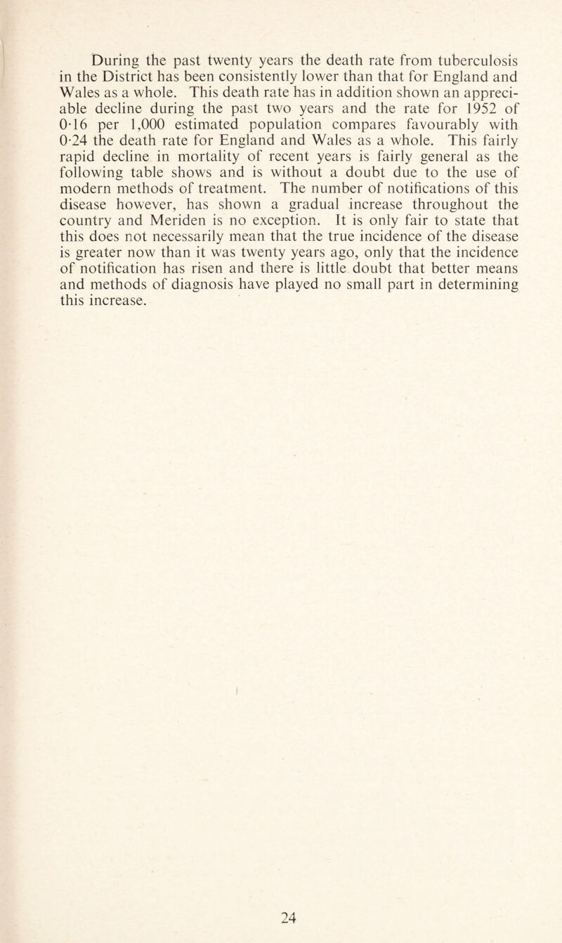 During the past twenty years the death rate from tuberculosis in the District has been consistently lower than that for England and Wales as a whole. This death rate has in addition shown an appreci¬ able decline during the past two years and the rate for 1952 of 0T6 per 1,000 estimated population compares favourably with 0-24 the death rate for England and Wales as a whole. This fairly rapid decline in mortality of recent years is fairly general as the following table shows and is without a doubt due to the use of modern methods of treatment. The number of notifications of this disease however, has shown a gradual increase throughout the country and Meriden is no exception. It is only fair to state that this does not necessarily mean that the true incidence of the disease is greater now than it was twenty years ago, only that the incidence of notification has risen and there is little doubt that better means and methods of diagnosis have played no small part in determining this increase.