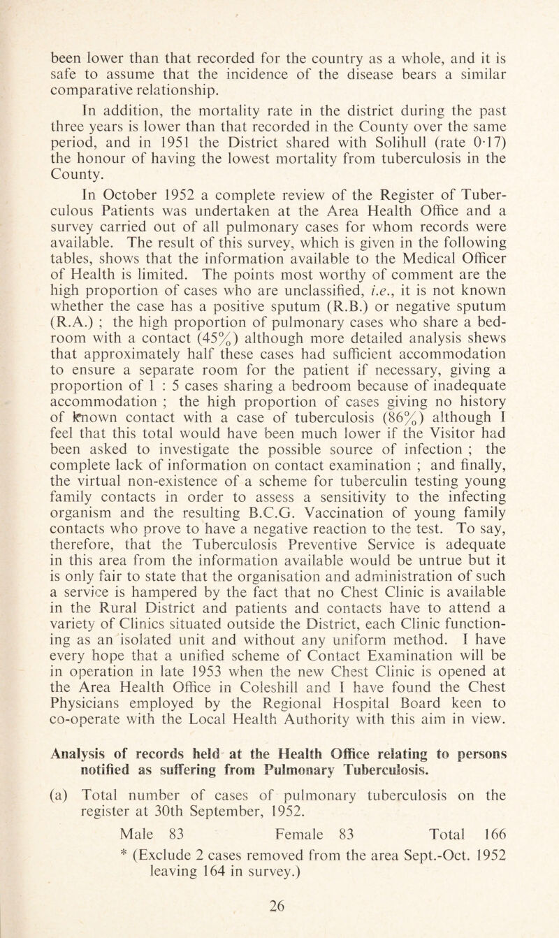 been lower than that recorded for the country as a whole, and it is safe to assume that the incidence of the disease bears a similar comparative relationship. In addition, the mortality rate in the district during the past three years is lower than that recorded in the County over the same period, and in 1951 the District shared with Solihull (rate 0-17) the honour of having the lowest mortality from tuberculosis in the County. In October 1952 a complete review of the Register of Tuber¬ culous Patients was undertaken at the Area Health Office and a survey carried out of all pulmonary cases for whom records were available. The result of this survey, which is given in the following tables, shows that the information available to the Medical Officer of Health is limited. The points most worthy of comment are the high proportion of cases who are unclassified, i.e., it is not known whether the case has a positive sputum (R.B.) or negative sputum (R.A.) ; the high proportion of pulmonary cases who share a bed¬ room with a contact (45%) although more detailed analysis shews that approximately half these cases had sufficient accommodation to ensure a separate room for the patient if necessary, giving a proportion of 1 : 5 cases sharing a bedroom because of inadequate accommodation ; the high proportion of cases giving no history of fenown contact with a case of tuberculosis (86%) although 1 feel that this total would have been much lower if the Visitor had been asked to investigate the possible source of infection ; the complete lack of information on contact examination ; and finally, the virtual non-existence of a scheme for tuberculin testing young family contacts in order to assess a sensitivity to the infecting organism and the resulting B.C.G. Vaccination of young family contacts who prove to have a negative reaction to the test. To say, therefore, that the Tuberculosis Preventive Service is adequate in this area from the information available would be untrue but it is only fair to state that the organisation and administration of such a service is hampered by the fact that no Chest Clinic is available in the Rural District and patients and contacts have to attend a variety of Clinics situated outside the District, each Clinic function¬ ing as an isolated unit and without any uniform method. I have every hope that a unified scheme of Contact Examination will be in operation in late 1953 when the new Chest Clinic is opened at the Area Health Office in Coleshill and I have found the Chest Physicians employed by the Regional Hospital Board keen to co-operate with the Local Flealth Authority with this aim in view. Analysis of records held at the Health Office relating to persons notified as suffering from Pulmonary Tuberculosis. (a) Total number of cases of pulmonary tuberculosis on the register at 30th September, 1952. Male 83 Female 83 Total 166 * (Exclude 2 cases removed from the area Sept.-Oct. 1952 leaving 164 in survey.)