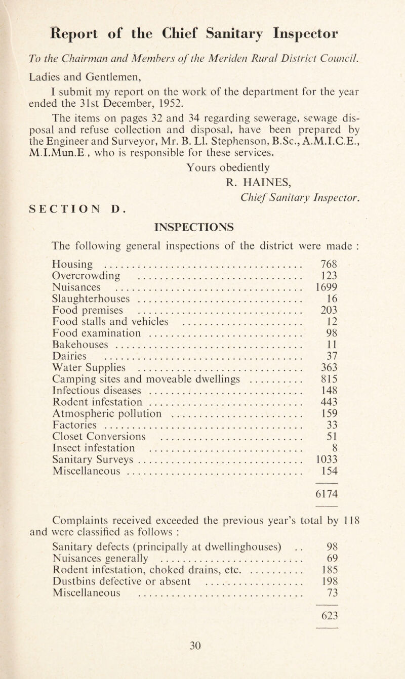 Report of the Chief Sanitary Inspector To the Chairman and Members of the Meriden Rural District Council. Ladies and Gentlemen, I submit my report on the work of the department for the year ended the 31st December, 1952. The items on pages 32 and 34 regarding sewerage, sewage dis¬ posal and refuse collection and disposal, have been prepared by the Engineer and Surveyor, Mr. B. LI. Stephenson, B.Sc., A.M.I.C.E., M.I.Mun.E , who is responsible for these services. Yours obediently R. HAINES, Chief Sanitary Inspector. SECTION D. INSPECTIONS The following general inspections of the district were made : Housing . 768 Overcrowding . 123 Nuisances . 1699 Slaughterhouses . 16 Food premises . 203 Food stalls and vehicles . 12 Food examination . 98 Bakehouses . 11 Dairies . 37 Water Supplies . 363 Camping sites and moveable dwellings . 815 Infectious diseases . 148 Rodent infestation. 443 Atmospheric pollution . 159 Factories . 33 Closet Conversions . 51 Insect infestation . 8 Sanitary Surveys. 1033 Miscellaneous . 154 6174 Complaints received exceeded the previous year’s total by 118 and were classihed as follows : Sanitary defects (principally at dwellinghouses) .. 98 Nuisances generally . 69 Rodent infestation, choked drains, etc. 185 Dustbins defective or absent . 198 Miscellaneous . 73 623