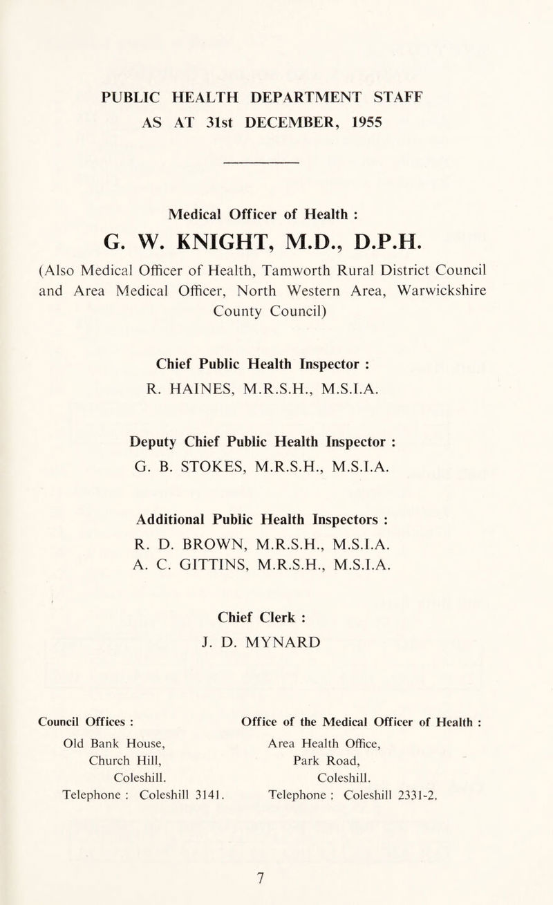 PUBLIC HEALTH DEPARTMENT STAFF AS AT 31st DECEMBER, 1955 Medical Officer of Health : G. W. KNIGHT, M.D., D.P.H. (Also Medical Officer of Health, Tamworth Rural District Council and Area Medical Officer, North Western Area, Warwickshire County Council) Chief Public Health Inspector : R. HAINES, M.R.S.H., M.S.I.A. Deputy Chief Public Health Inspector : G. B. STOKES, M.R.S.H., M.S.I.A. Additional Public Health Inspectors : R. D. BROWN, M.R.S.H., M.S.I.A. A. C. GITTINS, M.R.S.H., M.S.I.A. Chief Clerk : J. D. MYNARD Council Offices : Office of the Medical Officer of Health : Old Bank House, Church Hill, Coleshill. Telephone ; Coleshill 3141. Area Health Office, Park Road, Coleshill. Telephone ; Coleshill 2331-2.
