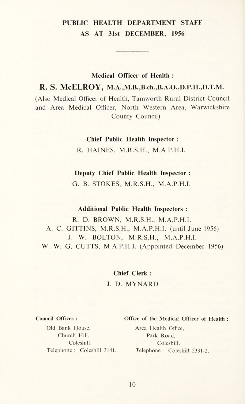 PUBLIC HEALTH DEPARTMENT STAFF AS AT 31st DECEMBER, 1956 Medical Officer of Health : (Also Medical Officer of Health, Tamworth Rural District Council and Area Medical Officer, North Western Area, Warwickshire County Council) Chief Public Health Inspector : R. HAINES, M.R.S.H., M.A.P.H.I. Deputy Chief Public Health Inspector : G. B. STOKES, M.R.S.H., M.A.P.H.I. Additional Public Health Inspectors : R. D. BROWN, M.R.S.H., M.A.P.H.I. A. C. GITTINS, M.R.S.H., M.A.P.H.I. (until June 1956) J. W. BOLTON, M.R.S.H., M.A.P.H.I. W. W. G. CUTTS, M.A.P.H.I. (Appointed December 1956) Chief Clerk : J. D. MYNARD Council Offices : Old Bank House, Church Hill, Coleshill. Telephone : Coleshill 3141. Office of the Medical Officer of Health : Area Health Office, Telephone : Coleshill 2331-2. Park Road, Coleshill.