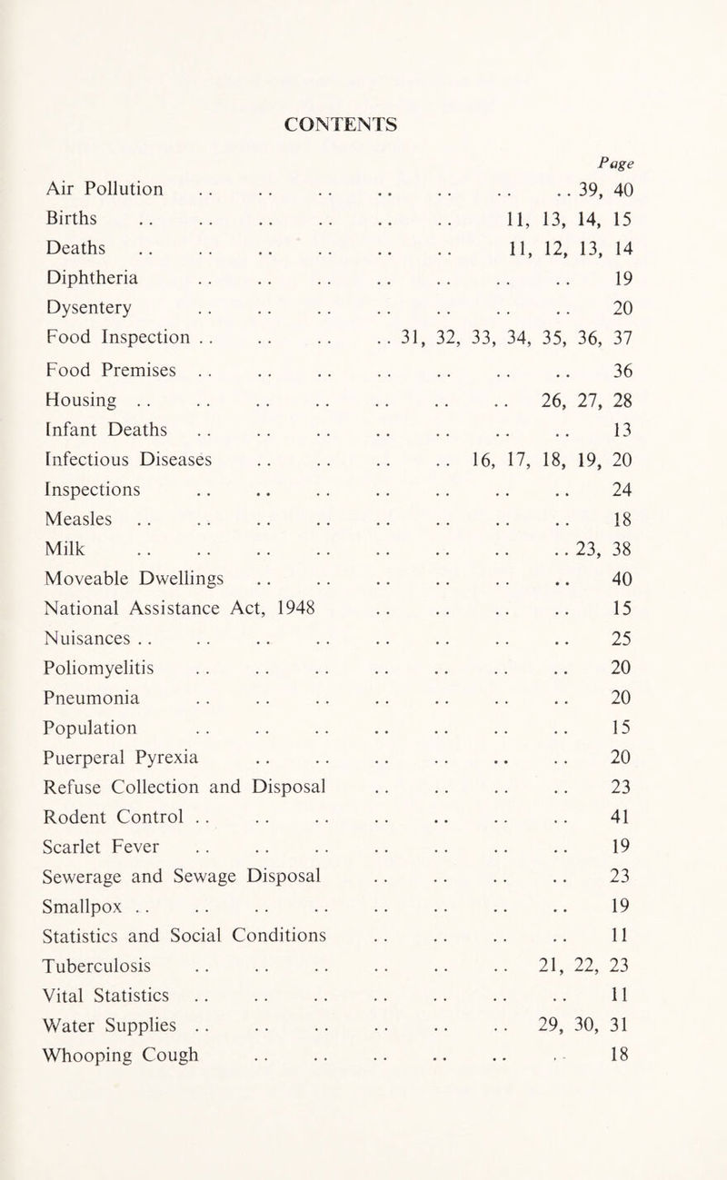 CONTENTS Page Air Pollution • • • • . . 39, 40 Births • • • • 11, 13, 14, 15 Deaths 11, 12, 13, 14 Diphtheria 19 Dysentery 20 Food Inspection . . .. 31, 32, 33, 34, 35, 36, 37 Food Premises . . 36 Housing .. .. 26, 27, 28 Infant Deaths 13 Infectious Diseases 16, 17, 18, 19, 20 Inspections 24 Measles 18 Milk .. 23, 38 Moveable Dwellings 40 National Assistance Act, 1948 15 Nuisances . . 25 Poliomyelitis 20 Pneumonia 20 Population 15 Puerperal Pyrexia 20 Refuse Collection and Disposal 23 Rodent Control . . 41 Scarlet Fever 19 Sewerage and Sewage Disposal 23 Smallpox .. 19 Statistics and Social Conditions 11 Tuberculosis .. 21, 22, 23 Vital Statistics 11 Water Supplies . . .. 29,30,31 Whooping Cough • • • • 18