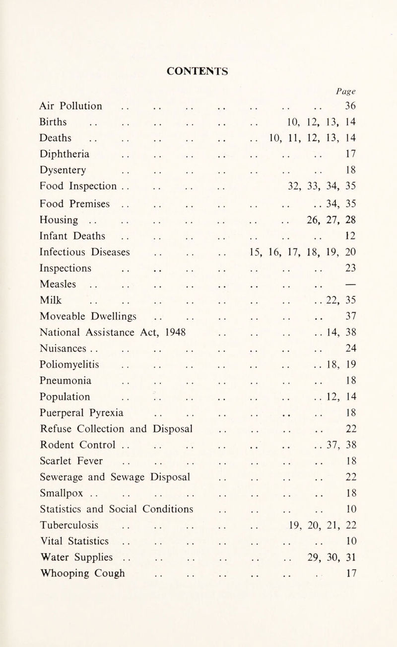 CONTENTS Air Pollution Births Deaths Diphtheria Dysentery Food Inspection Food Premises Housing Infant Deaths Infectious Diseases Inspections Measles Milk Moveable Dwellings National Assistance Act, 1948 Nuisances Poliomyelitis Pneumonia Population Puerperal Pyrexia Refuse Collection and Disposa Rodent Control Scarlet Fever Sewerage and Sewage Disposal Smallpox Statistics and Social Conditions Tuberculosis Vital Statistics Water Supplies Whooping Cough 5, 16, Page 36 10, 12, 13, 14 10, 11, 12, 13, 14 17 18 32, 33 26, 7, 18 34, 35 34, 35 27, 28 12 19, 20 23 22, 35 37 14, 38 24 18, 19 18 12, 14 18 22 37, 38 18 22 18 10 19, 20, 21, 22 10 29, 30, 31 17