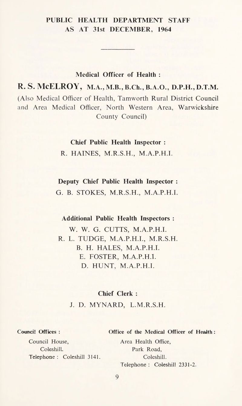 PUBLIC HEALTH DEPARTMENT STAFF AS AT 31st DECEMBER, 1964 Medical Officer of Health : R. S. McELROY, M.A., M.B., B.Ch., B.A.O., D.P.H., D.T.M. (Also Medical Officer of Health, Tamworth Rural District Council and Area Medical Officer, North Western Area, Warwickshire County Council) Chief Public Health Inspector : R. HAINES, M.R.S.H., M.A.P.H.I. Deputy Chief Public Health Inspector : G. B. STOKES, M.R.S.H., M.A.P.H.I. Additional Public Health Inspectors : W. W. G. CUTTS, M.A.P.H.I. R. L. TUDGE, M.A.P.H.I., M.R.S.H. B. H. HALES, M.A.P.H.I. E. FOSTER, M.A.P.H.I. D. HUNT, M.A.P.H.I. Chief Clerk : J. D. MYNARD, L.M.R.S.H. Council Offices : Office of the Medical Officer of HeaJth : Council House, ColeshilL Telephone : Coleshill 3141. Area Health Office, Park Road, Coleshill. Telephone : Coleshill 2331-2.