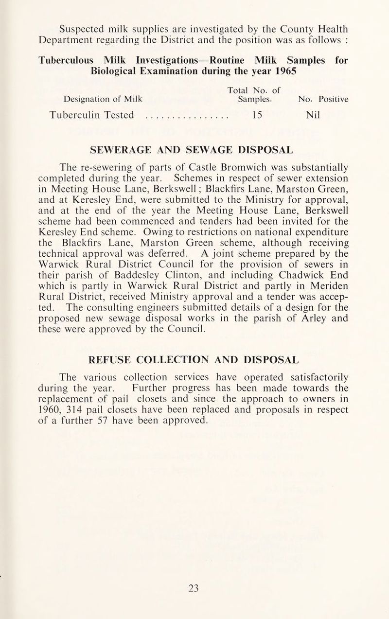 Suspected milk supplies are investigated by the County Health Department regarding the District and the position was as follows : Tuberculous Milk Investigations—Routine Milk Samples for Biological Examination during the year 1965 Total No. of Designation of Milk Samples. No. Positive Tuberculin Tested . 15 Nil SEWERAGE AND SEWAGE DISPOSAL The re-sewering of parts of Castle Bromwich was substantially completed during the year. Schemes in respect of sewer extension in Meeting House Lane, Berkswell; Blackfirs Lane, Marston Green, and at Keresley End, were submitted to the Ministry for approval, and at the end of the year the Meeting House Lane, Berkswell scheme had been commenced and tenders had been invited for the Keresley End scheme. Owing to restrictions on national expenditure the Blackfirs Lane, Marston Green scheme, although receiving technical approval was deferred. A joint scheme prepared by the Warwick Rural District Council for the provision of sewers in their parish of Baddesley Clinton, and including Chadwick End which is partly in Warwick Rural District and partly in Meriden Rural District, received Ministry approval and a tender was accep¬ ted. The consulting engineers submitted details of a design for the proposed new sewage disposal works in the parish of Arley and these were approved by the Council. REFUSE COLLECTION AND DISPOSAL The various collection services have operated satisfactorily during the year. Further progress has been made towards the replacement of pail closets and since the approach to owners in 1960, 314 pail closets have been replaced and proposals in respect of a further 57 have been approved.