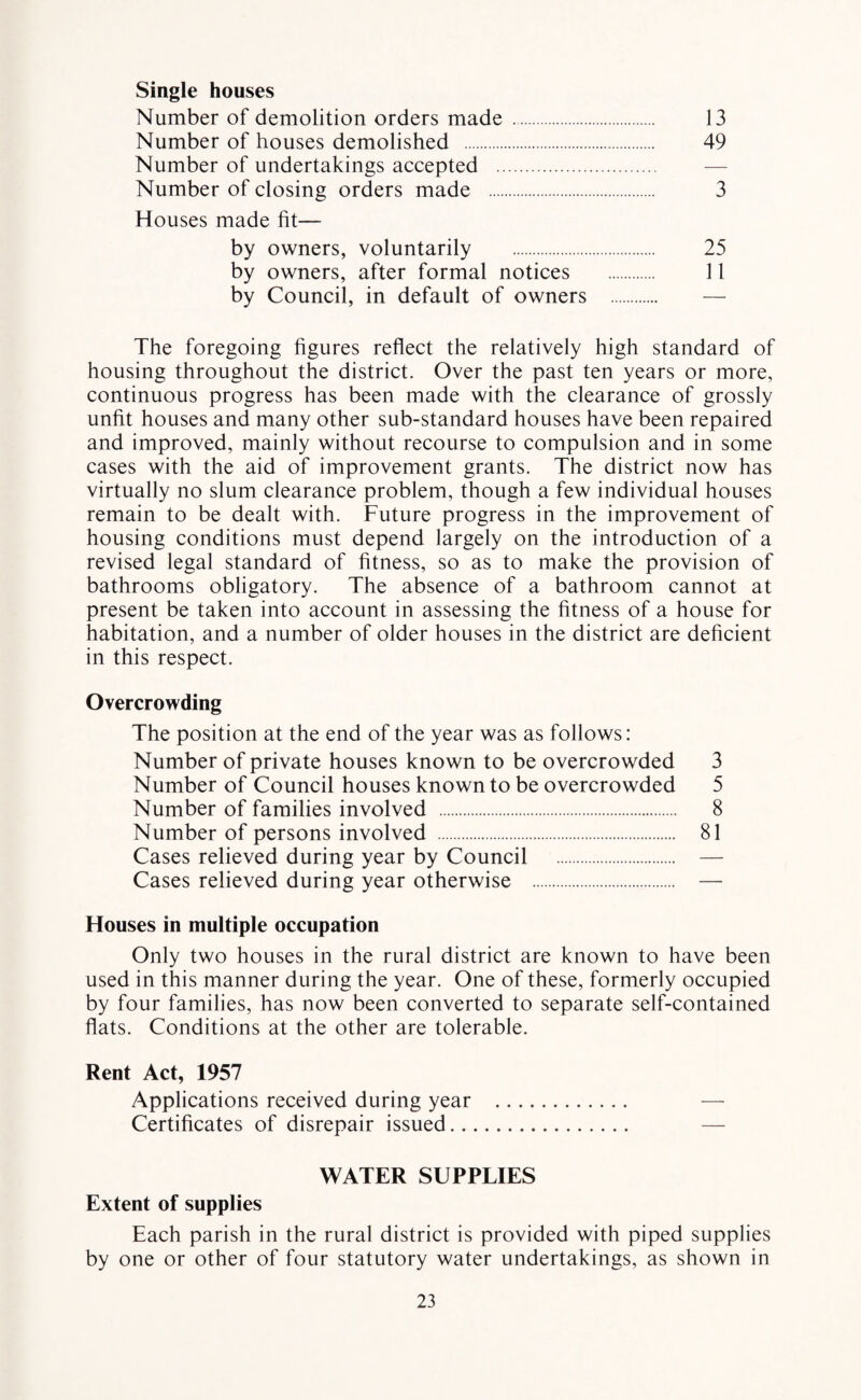 Single houses Number of demolition orders made .. 13 Number of houses demolished . 49 Number of undertakings accepted . Number of closing orders made . 3 Houses made fit— by owners, voluntarily . 25 by owners, after formal notices . 11 by Council, in default of owners . — The foregoing figures reflect the relatively high standard of housing throughout the district. Over the past ten years or more, continuous progress has been made with the clearance of grossly unfit houses and many other sub-standard houses have been repaired and improved, mainly without recourse to compulsion and in some cases with the aid of improvement grants. The district now has virtually no slum clearance problem, though a few individual houses remain to be dealt with. Future progress in the improvement of housing conditions must depend largely on the introduction of a revised legal standard of fitness, so as to make the provision of bathrooms obligatory. The absence of a bathroom cannot at present be taken into account in assessing the fitness of a house for habitation, and a number of older houses in the district are deficient in this respect. Overcrowding The position at the end of the year was as follows: Number of private houses known to be overcrowded 3 Number of Council houses known to be overcrowded 5 Number of families involved . 8 Number of persons involved . 81 Cases relieved during year by Council . — Cases relieved during year otherwise . — Houses in multiple occupation Only two houses in the rural district are known to have been used in this manner during the year. One of these, formerly occupied by four families, has now been converted to separate self-contained flats. Conditions at the other are tolerable. Rent Act, 1957 Applications received during year . Certificates of disrepair issued. WATER SUPPLIES Extent of supplies Each parish in the rural district is provided with piped supplies by one or other of four statutory water undertakings, as shown in