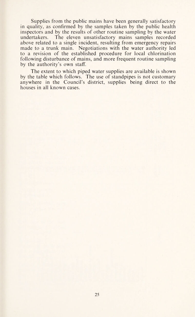 Supplies from the public mains have been generally satisfactory in quality, as confirmed by the samples taken by the public health inspectors and by the results of other routine sampling by the water undertakers. The eleven unsatisfactory mains samples recorded above related to a single incident, resulting from emergency repairs made to a trunk main. Negotiations with the water authority led to a revision of the established procedure for local chlorination following disturbance of mains, and more frequent routine sampling by the authority’s own staff. The extent to which piped water supplies are available is shown by the table which follows. The use of standpipes is not customary anywhere in the Council’s district, supplies being direct to the houses in all known cases.