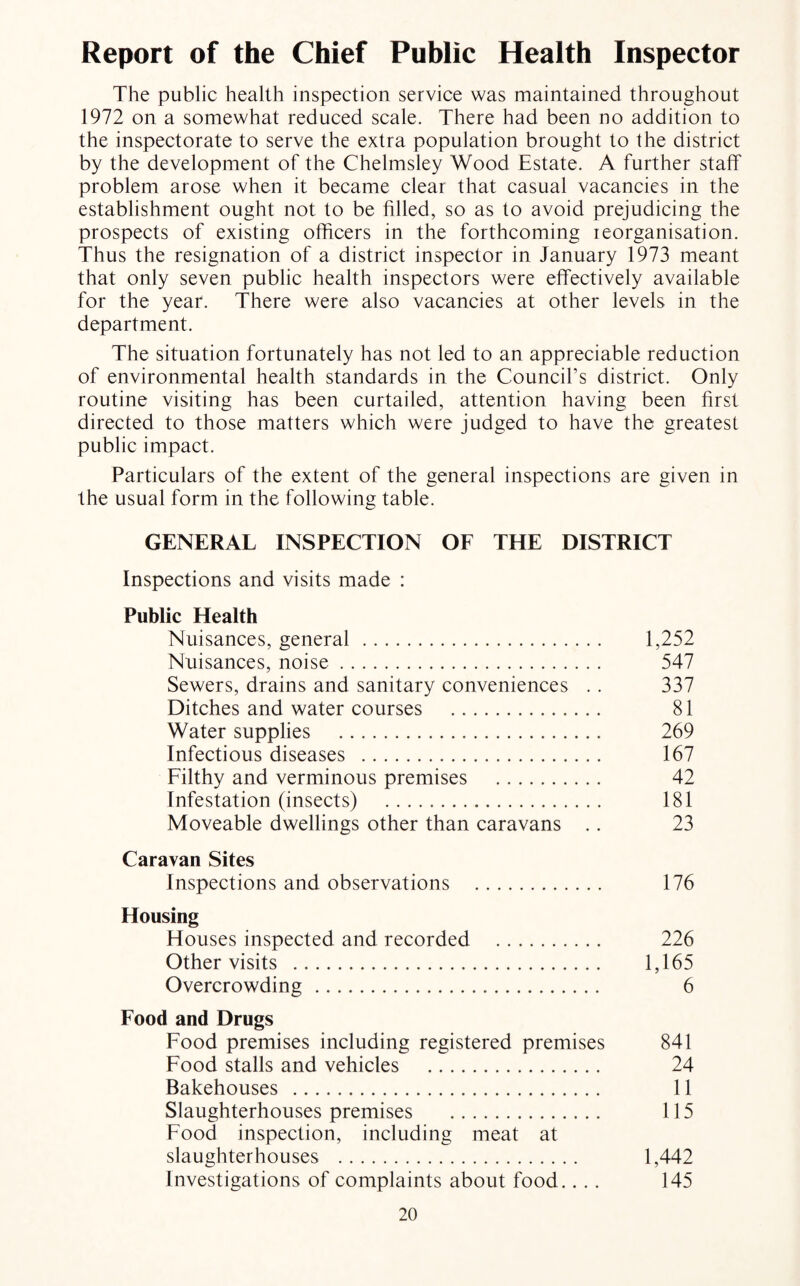 Report of the Chief Public Health Inspector The public health inspection service was maintained throughout 1972 on a somewhat reduced scale. There had been no addition to the inspectorate to serve the extra population brought to the district by the development of the Chelmsley Wood Estate. A further staff problem arose when it became clear that casual vacancies in the establishment ought not to be filled, so as to avoid prejudicing the prospects of existing officers in the forthcoming reorganisation. Thus the resignation of a district inspector in January 1973 meant that only seven public health inspectors were effectively available for the year. There were also vacancies at other levels in the department. The situation fortunately has not led to an appreciable reduction of environmental health standards in the Council’s district. Only routine visiting has been curtailed, attention having been first directed to those matters which were judged to have the greatest public impact. Particulars of the extent of the general inspections are given in the usual form in the following table. GENERAL INSPECTION OF THE DISTRICT Inspections and visits made : Public Health Nuisances, general . 1,252 Nuisances, noise. 547 Sewers, drains and sanitary conveniences .. 337 Ditches and water courses . 81 Water supplies . 269 Infectious diseases . 167 Filthy and verminous premises . 42 Infestation (insects) . 181 Moveable dwellings other than caravans .. 23 Caravan Sites Inspections and observations . 176 Housing Houses inspected and recorded . 226 Other visits . 1,165 Overcrowding. 6 Food and Drugs Food premises including registered premises 841 Food stalls and vehicles . 24 Bakehouses . 11 Slaughterhouses premises . 115 Food inspection, including meat at slaughterhouses . 1,442 Investigations of complaints about food.... 145