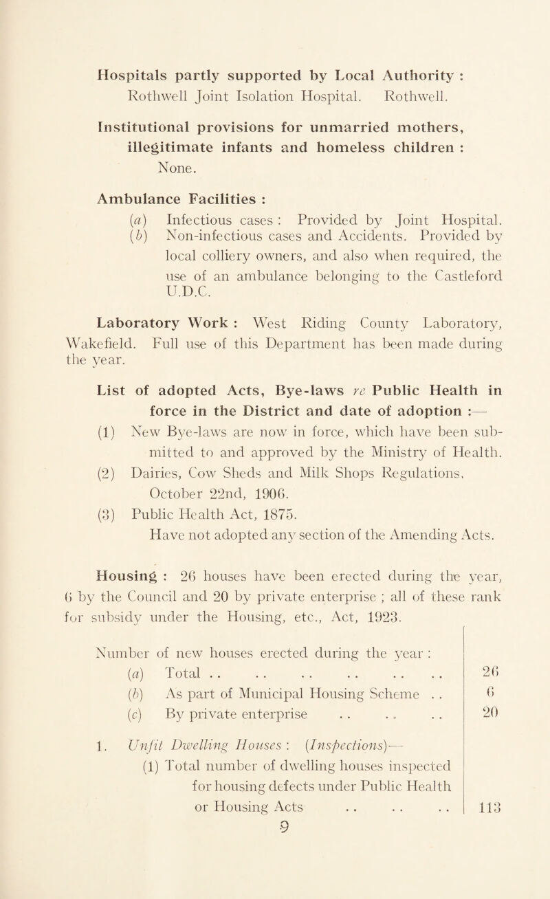 Hospitals partly supported by Local Authority : Roth well Joint Isolation Hospital. Rothwell. Institutional provisions for unmarried mothers, illegitimate infants and homeless children : None. Ambulance Facilities : (a) Infectious cases : Provided by Joint Hospital. (b) Non-infectious cases and Accidents. Provided by local colliery owners, and also when required, the use of an ambulance belonging to the Castle ford U.D.C. Laboratory Work : West Riding County Laboratory, Wakefield. Full use of this Department has been made during the year. List of adopted Acts, Bye-laws re Public Health in force in the District and date of adoption :— (1) New Bye-laws are now in force, which have been sub¬ mitted to and approved by the Ministry of Health. (2) Dairies, Cow Sheds and Milk Shops Regulations. October 22nd, 1906. (3) Public Health Act, 1875. Have not adopted any section of the Amending Acts. Housing : 26 houses have been erected during the year, 6 by the Council and 20 by private enterprise ; all of these rank for subsidy under the Housing, etc., Act, 1923. Number of new houses erected during the year : (a) Total (b) As part of Municipal Housing Scheme . . (c) By private enterprise 26 6 20 1. Unfit Dwelling Houses : (Inspections)— (1) Total number of dwelling houses inspected for housing defects under Public Health or Housing Acts •9 11 o O