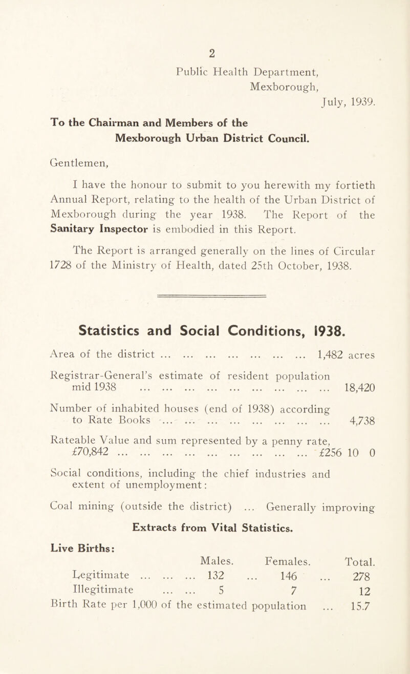 Public Health Department, Mexborough, July, 1939. To the Chairman and Members of the Mexborough Urban District Council. Gentlemen, I have the honour to submit to you herewith my fortieth Annual Report, relating to the health of the Urban District of Mexborough during the year 1938. The Report of the Sanitary Inspector is embodied in this Report. The Report is arranged generally on the lines of Circular 1728 of the Ministry of Health, dated 25th October, 1938. Statistics and Social Conditions, 1938. Area of the district. 1,482 acres Registrar-General’s estimate of resident population mid 1938 18,420 Number of inhabited houses (end of 1938) according to Rate Books ... .. 4,738 Rateable Value and sum represented by a penny rate, £70,842 . £256 10 0 Social conditions, including the chief industries and extent of unemployment: Coal mining (outside the district) ... Generally improving Extracts from Vital Statistics. Live Births: Males. Females. Total. Legitimate . 132 ... 146 ... 278 Illegitimate . 5 7 12 Birth Rate per 1,000 of the estimated population ... 15.7