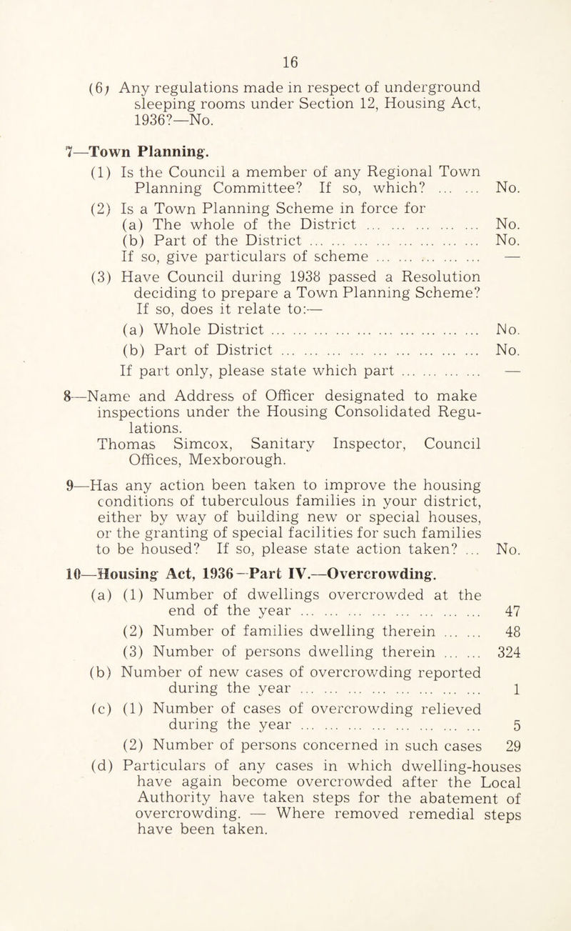 (6; Any regulations made in respect of underground sleeping rooms under Section 12, Housing Act, 1936?—No. 7—Town Planning. (1) Is the Council a member of any Regional Town Planning Committee? If so, which? . No. (2) Is a Town Planning Scheme in force for (a) The whole of the District . No. (b) Part of the District . No. If so, give particulars of scheme . — (3) Have Council during 1938 passed a Resolution deciding to prepare a Town Planning Scheme? If so, does it relate to:— (a) Whole District. No. (b) Part of District . No. If part only, please state which part. — 8— Name and Address of Officer designated to make inspections under the Housing Consolidated Regu¬ lations. Thomas Simcox, Sanitary Inspector, Council Offices, Mexborough. 9— Has any action been taken to improve the housing conditions of tuberculous families in your district, either by way of building new or special houses, or the granting of special facilities for such families to be housed? If so, please state action taken? ... No. 10— Housing Act, 1936- Part IV.—Overcrowding. (a) (1) Number of dwellings overcrowded at the end of the year . 47 (2) Number of families dwelling therein . 48 (3) Number of persons dwelling therein . 324 (b) Number of new cases of overcrowding reported during the year . 1 (c) (1) Number of cases of overcrowding relieved during the year . 5 (2) Number of persons concerned in such cases 29 (d) Particulars of any cases in which dwelling-houses have again become overcrowded after the Local Authority have taken steps for the abatement of overcrowding. — Where removed remedial steps have been taken.