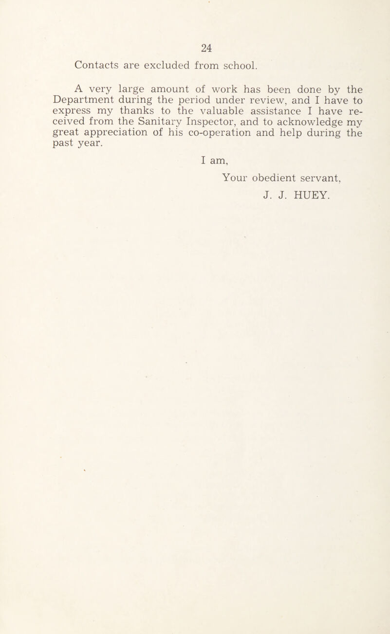 Contacts are excluded from school. A very large amount of work has been done by the Department during the period under review, and I have to express my thanks to the valuable assistance I have re¬ ceived from the Sanitary Inspector, and to acknowledge my great appreciation of his co-operation and help during the past year. I am. Your obedient servant, J. J. HUEY.