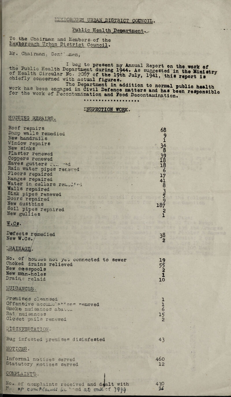 COUNCIL. llttfc.lic Health Department To the Chairman and Members-of the Mexborou^h Urban District Council* Mr. Cha i rman. C- ent 'Dmien * I beg to the Public of Health Circular No, 2067 chiefly concerned , -u The Department in addition to normal public health oe-sn 2n§a39d in Civil Defence matt era and has been -or tne worx of Decontamination and Food Decontamination. „ „ - present my Annual Report on the work of Heaj.wn Department during 1944. As suggested in the Ministry of the 19th July, 1941, thie report ie with actual figures. reaponsible INSPECTION WORK. HOUSING repairs. Roof repairs Damp walls remedied New handrails V i nd o\v r epa i r s New sinks Plaster renewed Coppers renewed I Eaves gutters _ Ram water pipes renewed Floors repaired Ranges repaired Water in cellars Walls repaired Sink pipes renewed Doors repaired New dustbins Soil pipes repaired New gullies W.C8. ■ Defects remedied New W.Cs. DRAINAGE:. No. of houocS not yct connected to sewer Choked drains relieved New cesspools New ma,n~holes Drains relaid / / : NUISANCES,. Premises cleansed Offensive accumu* 0 4: or?R removed Smoke nuisances abat^u Rat nuisances Closet pails renewed DISINFESTATION. Bug infested premises disinfested NOTICES. Informal noytices served Statutory /notices served : COMPLAINT^. j No o of complaints received and djalt with N op zomMeuM v~nd aX f 19 55 2 1 10 1 1 6 15 2 43 460 12 430 U