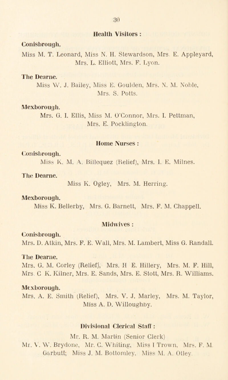 Health Visitors : Conisbrough. Miss M. T. Leonard, Miss N. H. Stewardson, Mrs. E. Appleyard, Mrs. L. Elliott, Mrs. P. Lyon. The Dearne. Miss W. J. Bailey, Aliss E. Goulden, Mrs. N. M. Noble, Mrs. S. Potts. Mexborough. Mrs. G. 1. Ellis, Miss M. O’Connor, Mrs. I. Pettman, Mrs. E. Pocklington. Home Nurses : Co!iisbroiigh. Miss K. M. A. Billequez (Relief), Mrs. I. E. Milnes. The Dearne. Miss K. Ogley, Mrs. M. Herring. Mexborough. Miss K. Bellerby, Mrs. G. Barnett, Mrs. P. M. Chappell. Mid wives: Conisbrough. Mrs. D. Atkin, Mrs. P. E. Wall, Mrs. M. Lambert, Miss G. Randall. The Dearne. Mrs. G. M. Corley (Relief), Mrs. H E. Hillery, Mrs. M. P. Hill, Mrs, C K. Kilner, Mrs. E. Sands, Mrs. E. Stott, Mrs. R. Williams. Mexborough. Mrs. A. E. Smith (Relief), Mrs. V. J. Marley, Mrs. M. Taylor, Miss A. D. Willoughby. Divisional Clerical Staff : Mr. R. M. Martin (Senior Clerk) Mr. \'. W. Brydone, Mr. C. Whiting, Miss 1 Trown, Mrs. P. M. Garbutt; Miss J. M. Bottomley, Miss M. A. Otley.