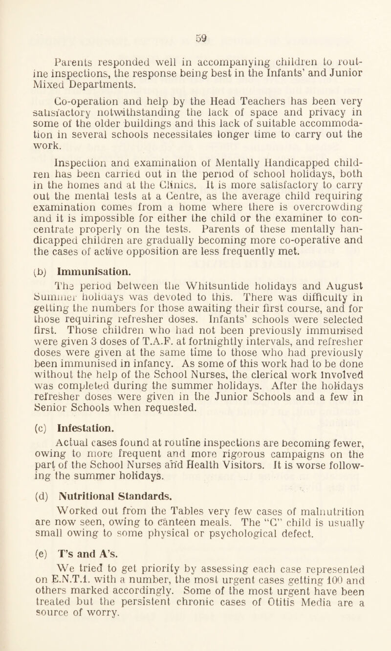 Parents responded well in accompanying children to rout¬ ine inspections, the response being best in the Infants’ and Junior Mixed Departments. Co-operation and help by the Head Teachers has been very satisfactory notwithstanding the lack of space and privacy in some of the older buildings and this lack of suitable accommoda¬ tion in several schools necessitates longer time to carry out the work. Inspection and examination of Mentally Handicapped child¬ ren has been carried out in the period of school holidays, both in the homes and at the Clinics. It is more satisfactory to carry out the mental tests at a Centre, as the average child requiring examination comes from a home where there is overcrowding and it is impossible for either the child or the examiner to con¬ centrate properly on the tests. Parents of these mentally han¬ dicapped children are gradually becoming more co-operative and the cases of active opposition are less frequently met. (b) Immunisation. The period between the Whitsuntide holidays and August Summer holidays was devoted to this. There was difficulty in getting the numbers for those awaiting their first course, and for those requiring refresher doses. Infants’ schools were selected first. Those children who had not been previously immunised were given 3 doses of T.A.P. at fortnightly intervals, and refresher doses were given at the same time to those who had previously been immunised in infancy. As some of this work had to be done without the help of the School Nurses, the clerical work Involved was completed during the summer holidays. After the hohdays refresher doses were given in the Junior Schools and a few in Senior Schools when requested. (c) Infestation. Actual cases found at routine inspections are becoming fewer, owing to more frequent and more rigorous campaigns on the part of the School Nurses and Health Visitors. It is worse follow¬ ing the summer holidays. (d) Nutritional Standards. Worked out from the Tables very few cases of malnutrition are now seen, owing to canteen mealL The “G” child is usually small owing to some physical or psychological defect. (e) T’s and A’s. We tried to get priority by assessing each case represented on E.N.T.l. with a number, the most urgent cases getting 100 and others marked accordingly. Some of the most urgent have been treated but the persistent chronic cases of Otitis Media are a source of worry.