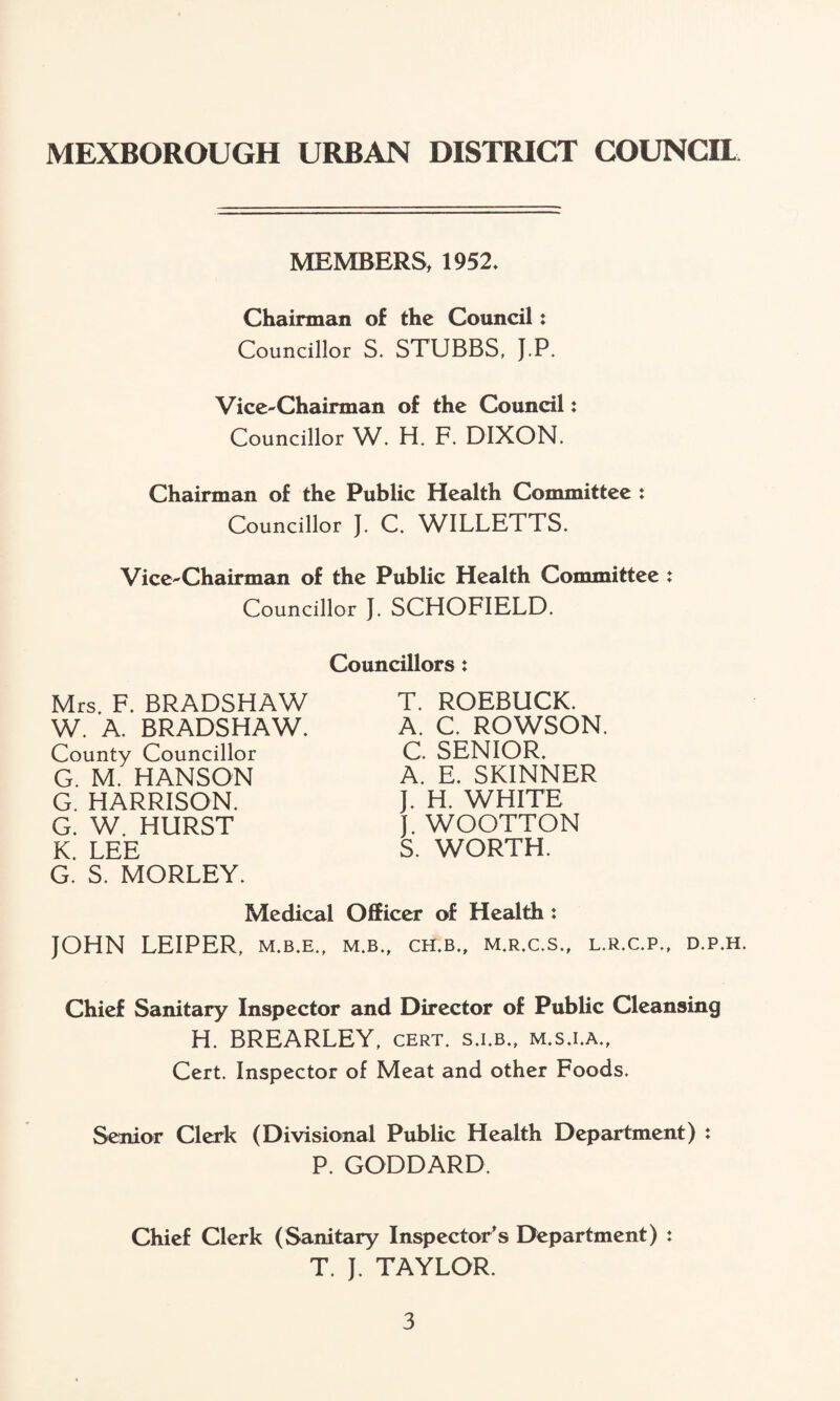 MEMBERS, 1952. Chairman of the Council: Councillor S. STUBBS, J.P. Vice-Chairman of the Council: Councillor W. H. F. DIXON. Chairman of the Public Health Committee : Councillor J. C. WILLETTS. Vice-Chairman of the Public Health Committee : Councillor J. SCHOFIELD. Councillors: Mrs. F. BRADSHAW W. A. BRADSHAW. County Councillor G. M. HANSON G. HARRISON. G. W. HURST K. LEE G. S. MORLEY. T. ROEBUCK. A. C. ROWSON. C. SENIOR. A. E. SKINNER J. H. WHITE J. WOOTTON S. WORTH. Medical Officer of Health: JOHN LEIPER, m.b.e., m.b., CH.B., M.R.C.S., L.R.C.P., D.P.H. Chief Sanitary Inspector and Director of Public Cleansing H. BREARLEY, cert, s.i.b., m.s.i.a., Cert. Inspector of Meat and other Foods. Senior Clerk (Divisional Public Health Department) : P. GODDARD. Chief Clerk (Sanitary Inspector's Department) : T. J. TAYLOR.