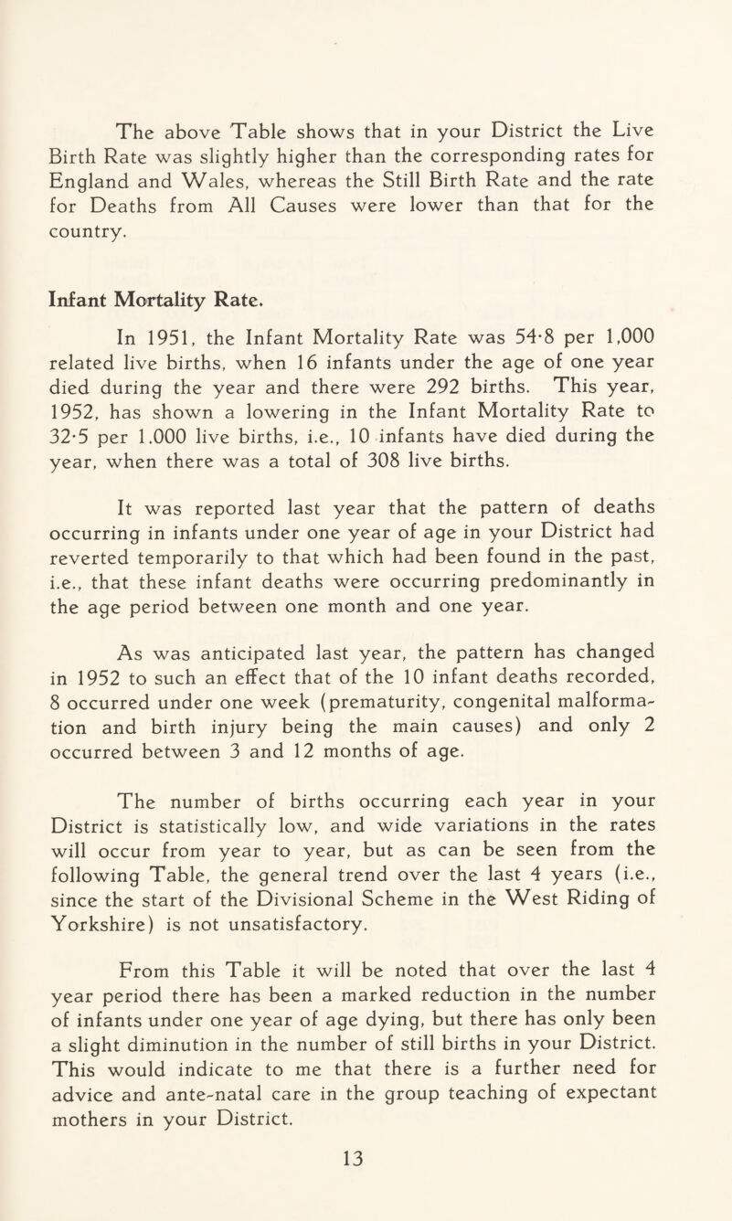 The above Table shows that in your District the Live Birth Rate was slightly higher than the corresponding rates for England and Wales, whereas the Still Birth Rate and the rate for Deaths from All Causes were lower than that for the country. Infant Mortality Rate. In 1951, the Infant Mortality Rate was 54*8 per 1,000 related live births, when 16 infants under the age of one year died during the year and there were 292 births. This year, 1952, has shown a lowering in the Infant Mortality Rate to 32-5 per 1.000 live births, i.e., 10 infants have died during the year, when there was a total of 308 live births. It was reported last year that the pattern of deaths occurring in infants under one year of age in your District had reverted temporarily to that which had been found in the past, i.e., that these infant deaths were occurring predominantly in the age period between one month and one year. As was anticipated last year, the pattern has changed in 1952 to such an effect that of the 10 infant deaths recorded, 8 occurred under one week (prematurity, congenital malforma¬ tion and birth injury being the main causes) and only 2 occurred between 3 and 12 months of age. The number of births occurring each year in your District is statistically low, and wide variations in the rates will occur from year to year, but as can be seen from the following Table, the general trend over the last 4 years (i.e., since the start of the Divisional Scheme in the West Riding of Yorkshire) is not unsatisfactory. From this Table it will be noted that over the last 4 year period there has been a marked reduction in the number of infants under one year of age dying, but there has only been a slight diminution in the number of still births in your District. This would indicate to me that there is a further need for advice and ante-natal care in the group teaching of expectant mothers in your District.