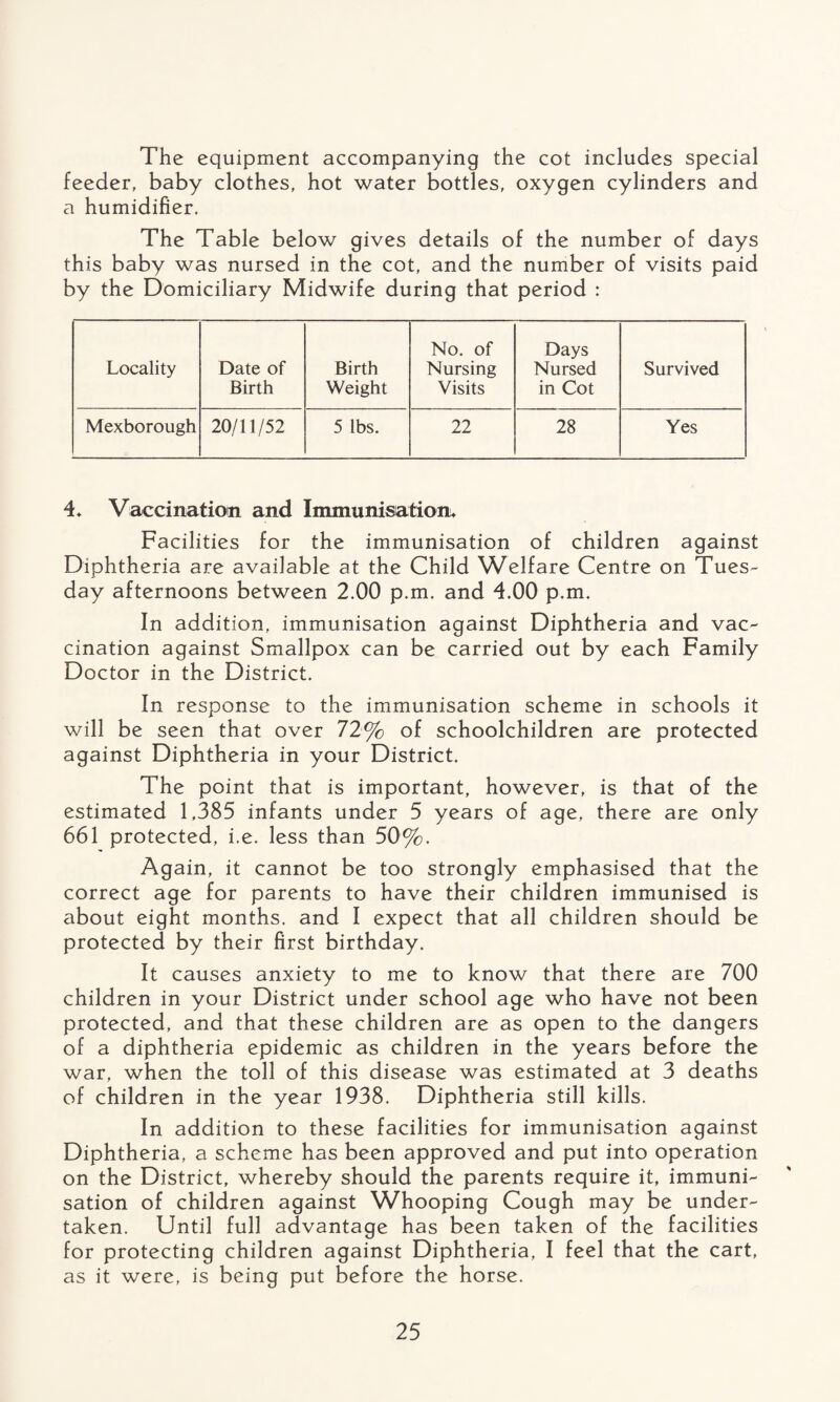 The equipment accompanying the cot includes special feeder, baby clothes, hot water bottles, oxygen cylinders and a humidifier. The Table below gives details of the number of days this baby was nursed in the cot, and the number of visits paid by the Domiciliary Midwife during that period : Locality Date of Birth Birth Weight No. of Nursing Visits Days Nursed in Cot Survived Mexborough 20/11/52 5 lbs. 22 28 Yes 4, Vaccination and Immunisation, Facilities for the immunisation of children against Diphtheria are available at the Child Welfare Centre on Tues¬ day afternoons between 2.00 p.m. and 4.00 p.m. In addition, immunisation against Diphtheria and vac¬ cination against Smallpox can be carried out by each Family Doctor in the District. In response to the immunisation scheme in schools it will be seen that over 72% of schoolchildren are protected against Diphtheria in your District. The point that is important, however, is that of the estimated 1,385 infants under 5 years of age, there are only 661 protected, i.e. less than 50%. Again, it cannot be too strongly emphasised that the correct age for parents to have their children immunised is about eight months, and I expect that all children should be protected by their first birthday. It causes anxiety to me to know that there are 700 children in your District under school age who have not been protected, and that these children are as open to the dangers of a diphtheria epidemic as children in the years before the war, when the toll of this disease was estimated at 3 deaths of children in the year 1938. Diphtheria still kills. In addition to these facilities for immunisation against Diphtheria, a scheme has been approved and put into operation on the District, whereby should the parents require it, immuni¬ sation of children against Whooping Cough may be under¬ taken. Until full advantage has been taken of the facilities for protecting children against Diphtheria, I feel that the cart, as it were, is being put before the horse.