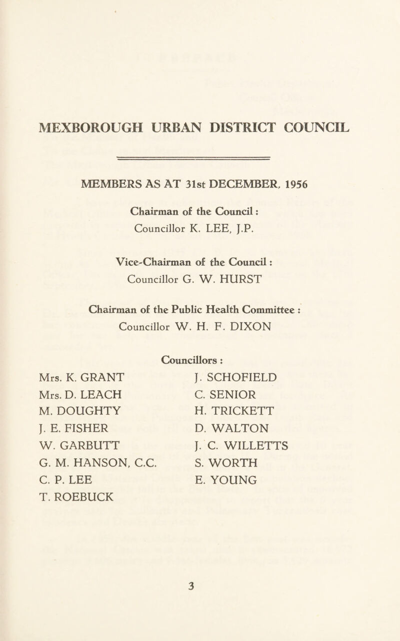 MEMBERS AS AT 31st DECEMBER, 1956 Chairman of the Council: Councillor K. LEE, J.P. Vice-Chairman of the Council: Councillor G. W, HURST Chairman of the Public Health Committee : Councillor W, H. F. DIXON Mrs, K. GRANT Mrs, D, LEACH M, DOUGHTY J, E, FISHER W, GARBUTT G, M, HANSON, C,C, C, P, LEE T, ROEBUCK Councillors: J. SCHOFIELD C, SENIOR H, TRICKETT D, WALTON J, C, WILLETTS S, WORTH E, YOUNG