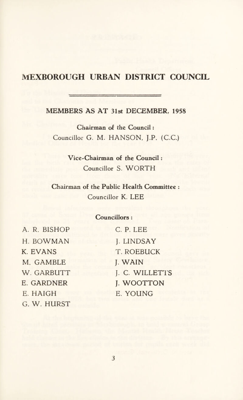 MEMBERS AS AT 31st DECEMBER, 1958 Chairman of the Council: Councillor G. M. HANSON, J.P. (C.C.) Vice-Chairman of the Council: Councillor S. WORTH Chairman of the Public Health Committee : Councillor K. LEE A. R. BISHOP Councillors : C. P. LEE H. BOWMAN K. EVANS M. GAMBLE W.GARBUTT E. GARDNER E. HAIGH G. W. HURST J. LINDSAY T. ROEBUCK J. WAIN J. C. WILLETTS J. WOOTTON E. YOUNG J