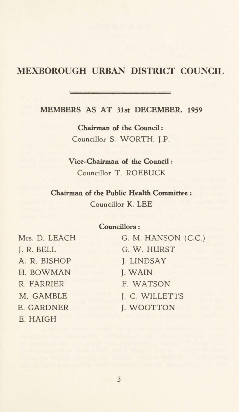 MEMBERS AS AT 31st DECEMBER, 1959 Chairman of the Council: Councillor S. WORTH, J.P. Vice-Chairman of the Council: Councillor T. ROEBUCK Chairman of the Public Health Committee : Councillor K. LEE Mrs, D. LEACH J. R. BELL A. R. BISHOP H. BOWMAN R. FARRIER M. GAMBLE E. GARDNER E. HAIGH Councillors: G. M. HANSON (C.C.) G. W. HURST J. LINDSAY J. WAIN F. WATSON J. C. WILLETTS J. WOOTTON