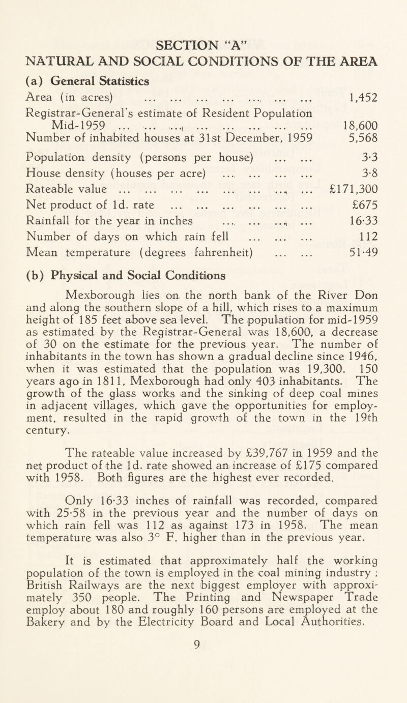 SECTION X NATURAL AND SOCIAL CONDITIONS OF THE AREA (a) General Statistics Area (in acres) ., . 1,452 Registrar-General’s estimate of Resident Population Mid-1959 . . 18,600 Number of inhabited houses at 31st December, 1959 5,568 Population density (persons per house) . 3-3 House density (houses per acre) . 3*8 Rateable value .. ... £171,300 Net product of Id. rate . £675 Rainfall for the year in inches ... .„ ... 16*33 Number of days on which rain fell . 112 Mean temperature (degrees fahrenheit) . 51*49 (b) Physical and Social Conditions Mexborough lies on the north bank of the River Don and along the southern slope of a hill, which rises to a maximum height of 185 feet above sea level. The population for mid-1959 as estimated by the Registrar-General was 18,600, a decrease of 30 on the estimate for the previous year. The number of inhabitants in the town has shown a gradual decline since 1946, when it was estimated that the population was 19,300. 150 years ago in 1811, Mexborough had only 403 inhabitants. The growth of the glass works and the sinking of deep coal mines in adjacent villages, which gave the opportunities for employ¬ ment, resulted in the rapid growth of the town in the 19th century. The rateable value increased by £39,767 in 1959 and the net product of the Id. rate showed an increase of £175 compared with 1958. Both figures are the highest ever recorded. Only 16*33 inches of rainfall was recorded, compared with 25*58 in the previous year and the number of days on which rain fell was 112 as against 173 in 1958. The mean temperature was also 3° F. higher than in the previous year. It is estimated that approximately half the working population of the town is employed in the coal mining industry ; British Railways are the next biggest employer with approxb mately 350 people. The Printing and Newspaper Trade employ about 180 and roughly 160 persons are employed at the Bakery and by the Electricity Board and Local Authorities.