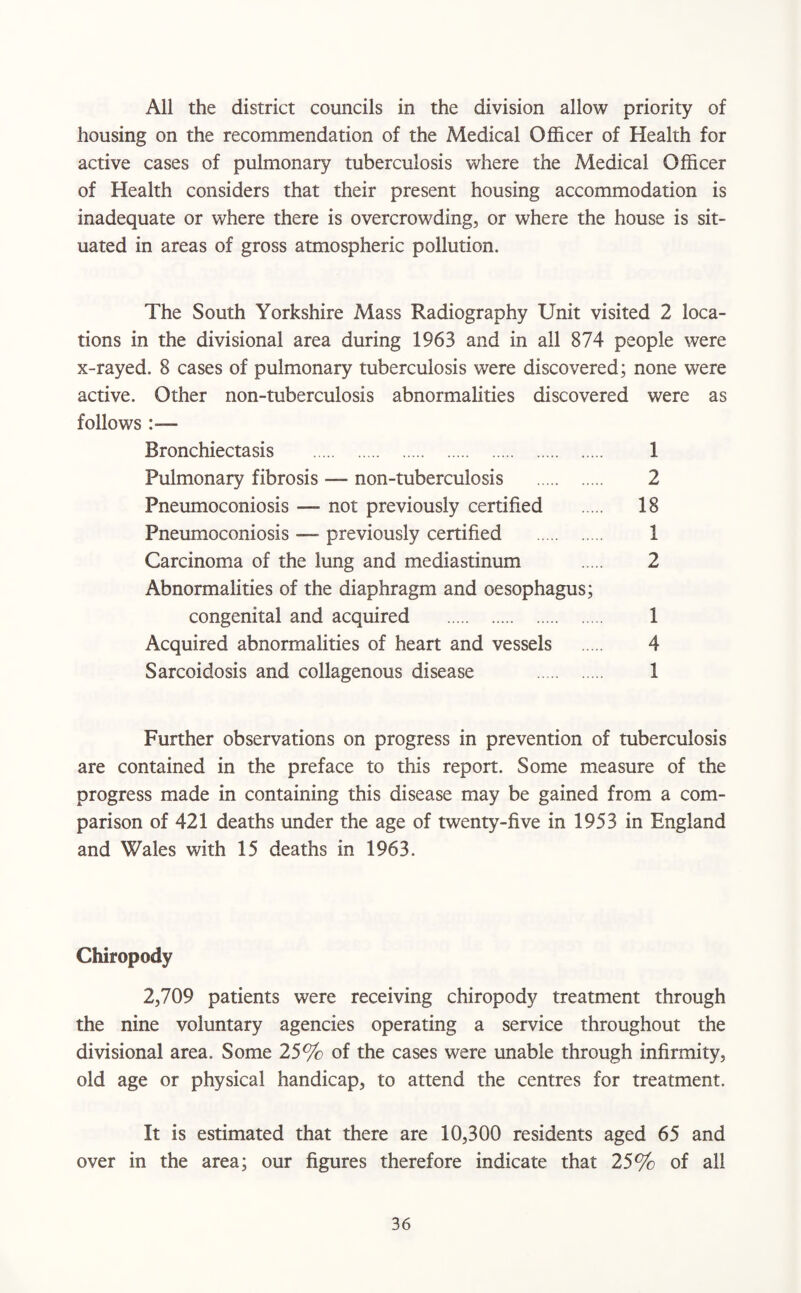 All the district councils in the division allow priority of housing on the recommendation of the Medical Officer of Health for active cases of pulmonary tuberculosis where the Medical Officer of Health considers that their present housing accommodation is inadequate or where there is overcrowding, or where the house is sit¬ uated in areas of gross atmospheric pollution. The South Yorkshire Mass Radiography Unit visited 2 loca¬ tions in the divisional area during 1963 and in all 874 people were x-rayed. 8 cases of pulmonary tuberculosis were discovered; none were active. Other non-tuberculosis abnormalities discovered were as follows Bronchiectasis . 1 Pulmonary fibrosis — non-tuberculosis . 2 Pneumoconiosis — not previously certified . 18 Pneumoconiosis —~ previously certified . 1 Carcinoma of the lung and mediastinum . 2 Abnormalities of the diaphragm and oesophagus; congenital and acquired . 1 Acquired abnormalities of heart and vessels . 4 Sarcoidosis and collagenous disease . 1 Further observations on progress in prevention of tuberculosis are contained in the preface to this report. Some measure of the progress made in containing this disease may be gained from a com¬ parison of 421 deaths under the age of twenty-five in 1953 in England and Wales with 15 deaths in 1963. Chiropody 2,709 patients were receiving chiropody treatment through the nine voluntary agencies operating a service throughout the divisional area. Some 25% of the cases were unable through infirmity, old age or physical handicap, to attend the centres for treatment. It is estimated that there are 10,300 residents aged 65 and over in the area; our figures therefore indicate that 25% of all