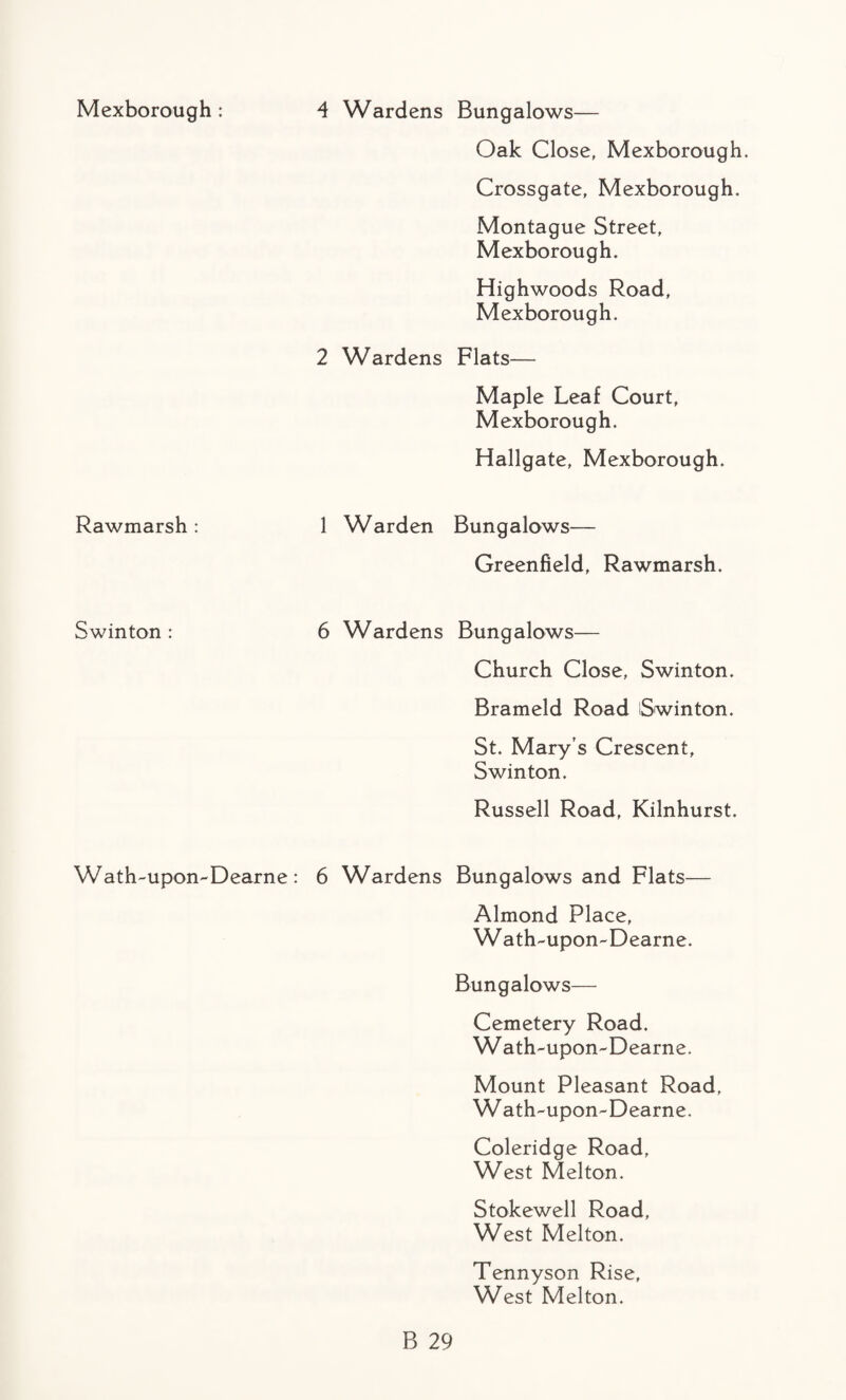 Mexborough : Rawmarsh : Swinton : Wath-upon-Dearne: 4 Wardens Bungalows— Oak Close, Mexborough. Crossgate, Mexborough. Montague Street, Mexborough. Highwoods Road, Mexborough. 2 Wardens Flats— Maple Leaf Court, Mexborough. Hallgate, Mexborough. 1 Warden Bungalows— Greenfield, Rawmarsh. 6 Wardens Bungalows— Church Close, Swinton. Brameld Road iSwinton. St. Mary’s Crescent, Swinton. Russell Road, Kilnhurst. 6 Wardens Bungalows and Flats— Almond Place, Wath-upon-Dearne. Bungalows— Cemetery Road. Wath-upon-Dearne. Mount Pleasant Road, Wath-upon-Dearne. Coleridge Road, West Melton. Stokewell Road, West Melton. Tennyson Rise, West Melton.