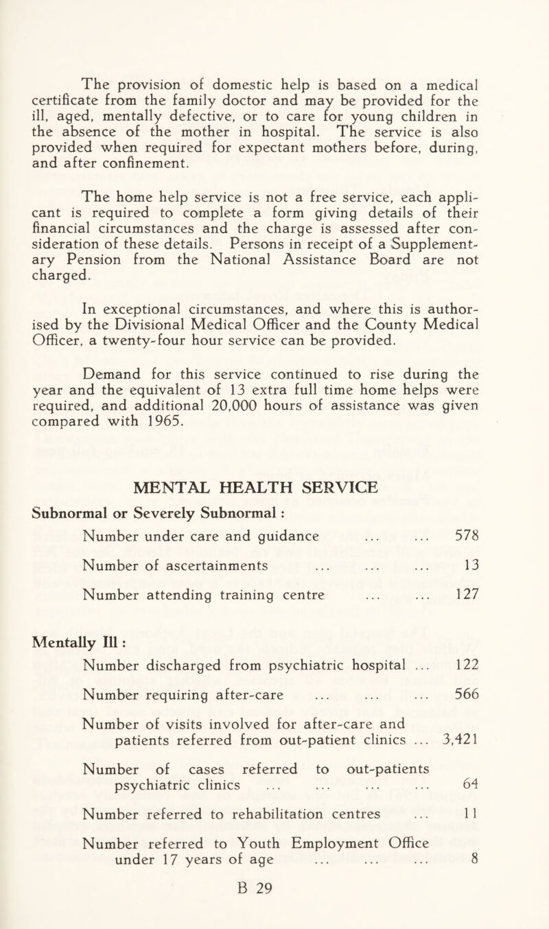 The provision of domestic help is based on a medical certificate from the family doctor and may be provided for the ill, aged, mentally defective, or to care for young children in the absence of the mother in hospital. The service is also provided when required for expectant mothers before, during, and after confinement. The home help service is not a free service, each appli¬ cant is required to complete a form giving details of their financial circumstances and the charge is assessed after con¬ sideration of these details. Persons in receipt of a Supplement¬ ary Pension from the National Assistance Board are not charged. In exceptional circumstances, and where this is author¬ ised by the Divisional Medical Officer and the County Medical Officer, a twenty-four hour service can be provided. Demand for this service continued to rise during the year and the equivalent of 13 extra full time home helps were required, and additional 20,000 hours of assistance was given compared with 1965. MENTAL HEALTH SERVICE Subnormal or Severely Subnormal: Number under care and guidance Number of ascertainments Number attending training centre 578 13 127 Mentally Ill: Number discharged from psychiatric hospital ... 122 Number requiring after-care ... ... ... 566 Number of visits involved for after-care and patients referred from out-patient clinics ... 3,421 Number of cases referred to out-patients psychiatric clinics 64 Number referred to rehabilitation centres ... 11 Number referred to Youth Employment Office under 17 years of age ... ... ... 8