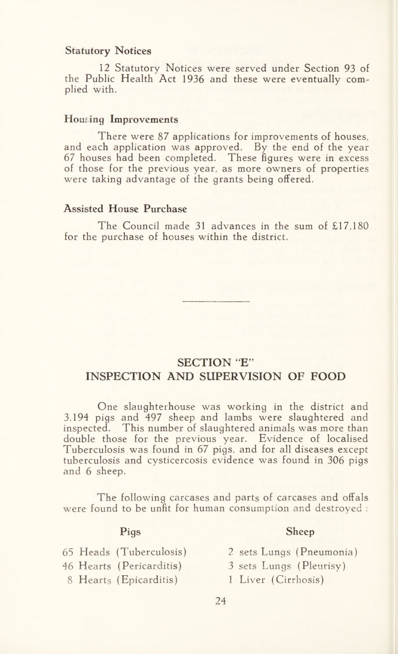 Statutory Notices 12 Statutory Notices were served under Section 93 of the Public Health Act 1936 and these were eventually com¬ plied with. Homing Improvements There were 87 applications for improvements of houses, and each application was approved. By the end of the year 67 houses had been completed. These figures were in excess of those for the previous year, as more owners of properties were taking advantage of the grants being offered. Assisted House Purchase The Council made 31 advances in the sum of £17,180 for the purchase of houses within the district. SECTION “E” INSPECTION AND SUPERVISION OF FOOD One slaughterhouse was working in the district and 3,194 pigs and 497 sheep and lambs were slaughtered and inspected. This number of slaughtered animals was more than double those for the previous year. Evidence of localised Tuberculosis was found in 67 pigs, and for all diseases except tuberculosis and cysticercosis evidence was found in 306 pigs and 6 sheep. The following carcases and parts of carcases and offals were found to be unfit for human consumption and destroyed : Pigs 65 Heads (Tuberculosis) 46 Hearts (Pericarditis) 8 Hearts (Epicarditis) Sheep 2 sets Lungs (Pneumonia) 3 sets Lungs (Pleurisy) 1 Liver (Cirrhosis)