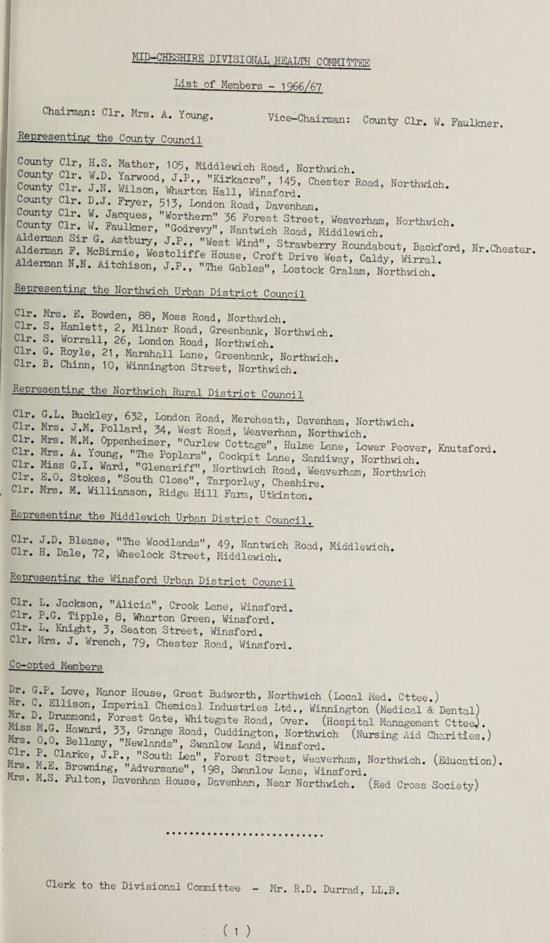 MID-CHESHIRE DIVISIONAL, HEALTH COMMITTEE List of Members - 1966/67 Chairman: Clr. Mrs. A. Young. Representing the County Counoil Vice-Chairman: County Clr. W. Faulkner. Covnhv wit ^ther’ ,05’ lttddle»i0,» E“4, Northwich. CoZZ Clr* wT'°0d’Y-P-’ ,,Klrkacre. '45, Chester Road, Northwich. County Clr. J.N. Wilson, Wharton Hall, Winsford. ounty Clr. D.J. Fryer, 513, London Road, Davenham. «c| i ITXtZfZ’ Alderman N.N. Aitohlson, J.P., The Gables, Lostock Gralam, Noh“* Representing the Northwich Urban District Council Clr. Mrs. E. Bowden, 88, Moss Road, Northwich. Clr. S. Hamlett, 2, Milner Road, Greenbank, Northwich. Clr. S. Worrall, 26, London Road, Northwich. mr* t' n^yle’ 21 ’ Marsha11 Lane> Greenbank, Northwich. Clr. B. Chinn, 10, Winnington Street, Northwich. Representing the Northwich Rural District Council Cl?* 2;?* ?rd,0n HOad’ Mereheath. Davenham, Northwich. Cl1?* m I  ?ollard’ 34, West Road, Weaverham, Northwich. cS* fe- A* :,Cur,i™ 13ottae®. Hulme Lane, Lower Peover, Knutsford. n?* »r tr ht ?‘<J Foplcr3 • Cockpit Lane, Sandiway, Northwich. Clr’ R1?3 sink fcrL I1™’ t)orthwloh R°c-d, Weaverham, Northwich Clr. E.O. Stokes, South Close, Tarporley, Cheshire. Clr. Mrs. M. Williamson, Ridge Hill Farm, Utkinton. Representing the Middlewich Urban District Council. ?lea^’ The Woodlands, 49, Nantwich Road, Middlewich. Clr. H. Dale, 72, Wheelock Street, Middlewich. Representing the Winsford Urban District Council Clr. L. Jackson, Alicia, Crook Lane, Winsford. Clr. P.G. Tipple, 8, Wharton Green, Winsford. Clr. L. Knight, 3, Seaton Street, Winsford. Clr. Mrs. J. Wrench, 79, Chester Road, Winsford. Co-opted Members l*' G*P* Pove> Mf10r House> Great Budworth, Northwich (Local Med. Cttee.) M * * ^lllson» I°Perial Chemical Industries Ltd., Winnington (Medical & Dental) Miss M Gate> Whi'tegate Road, Over. (Hospital Management Cttee}. o n Gfange„Road' Guddington, Northwich (Nursing Aid Charities.) irs. 0.0. Bellamy, Newlands, Swanlow Land, Winsford. Mrs* TVT%C1Rrke’. South Lea > Forest Street, Weaverham, Northwich. (Education). M m‘c* Prowrmig' Adversane, 198, Swanlow Lane, Winsford. irs. ii.S. Fulton, Davenham House, Davenham, Near Northwich. (Red Cross Society) Clerk to the Divisional Committee Mr. R.D. Durrad, LL.B.