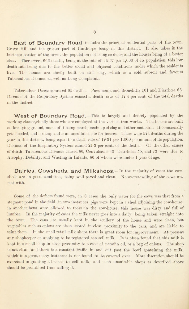 East of Boundary Road includes the principal residential parts of the town, Grove Hill and the greater part of hinthorpe being in this district. It also takes in the business portion of the town, the population not being so dense and the houses being of a better class. There were 663 deaths, being at the rate of 15’37 per 1,000 of its population, this low death rate being due to the better social and physical conditions uiider which the residents live. The houses are chiefly built on stiff clay, which is a cold subsoil and favours Tuberculous Diseases as well as Lung Complaints. Tuberculous Diseases caused 85 deaths. Pneumonia and Bronchitis 101 and Diarrhoea 63. Diseases of the Respiratory System caused a death rate of 17'4 per cent, of the total deaths in the district. West of Boundary Road.—This is largely and densely populated by the working classes,chiefly those who are employed at the various iron works. The houses are built on low lying ground, much of it being marsh, made uj) of slag and other materials. It occasionally gets flooded, and is damp and is an unsuitable site for houses. There were 574 deaths during the year in this district, being equal to a death rate of 19*31 per 1,000 per annum of its population. Diseases of the Respiratory System caused 21*3 per cent, of the deaths. Of the other causes of death, Tuberculous Diseases caused 66, Convulsions 43, Diarrhoeal 55, and 73 were due to Atrophy, Debility, and Wasting in Infants, 66 of whom were under 1 year of age. Dairies, Cowsheds, and Milkshops.—in the majority of cases the cow¬ sheds are in good condition, being well paved and clean. No overcrowding of the cows was met with. Some of the defects found were, in 6 cases the only water for the cows was that from a stagnant pond in the field, in two instances pigs were kept in a shed adjoining the cow-house, in another hens were allowed to roost in the cow-house, this house was dirty and full of lumber. In the majority of cases the milk never goes into a dairy, being taken straight into the town. The cans are usually kept in the scullery of the house and were clean, but vegetables such as onions are often stored in close proximity to the cans, and are liable to taint them. In the small retail milk shops there is great room for improvement. At present any shopkeeper on applying to be registered can sell milk. It is often found that this milk is kej)t ill a small shop in close proximity to a cask of paraffin oil, or a bag of onions. The shop is not clean, and there is a constant traffic in and out past the bowl containing the milk, which in a great many instances is not found to be covered over More discretion should be exercised in granting a license to sell milk, and such unsuitable shops as described above should be prohibited from selling it.