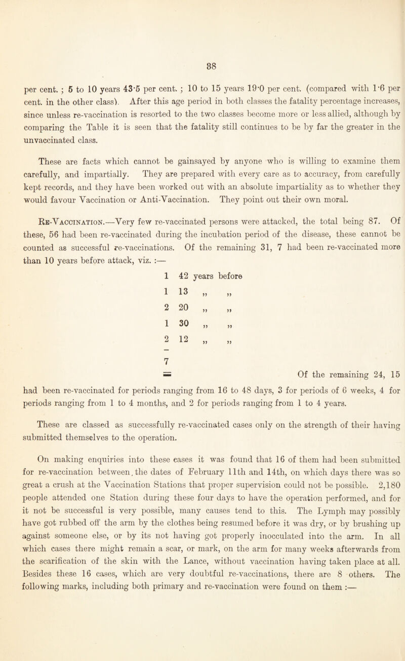 per cent. ; 5 to 10 years 43*5 per cent. ; 10 to 15 years 19’0 per cent, (compared with 1*6 per cent, in the other class'). After this age period in both classes the fatality percentage increases, since unless re-vaccination is resorted to the two classes become more or less allied, although by comparing the Table it is seen that the fatality still continues to he by far the greater in the unvaccinated class. These are facts which cannot he gainsayed by anyone who is willing to examine them carefully, and impartially. They are prepared with every care as to accuracy, from carefully kept records, and they have been worked out with an absolute impartiality as to whether they would favour Vaccination or Anti-Vaccination. They point out their own moral. Re-Vaccination.—Very few re-vaccinated persons were attacked, the total being 87. Of these, 56 had been re-vaccinated during the incubation period of the disease, these cannot he counted as successful re-vaccinations. Of the remaining 31, 7 had been re-vaccinated more than 10 years before attack, viz. :— 1 42 years before )) » Of the remaining 24, 15 had been re-vaccinated for periods ranging from 16 to 48 days, 3 for periods of 6 weeks, 4 for periods ranging from 1 to 4 months, and 2 for periods ranging from 1 to 4 years. These are classed as successfully re-vaccinated cases only on the strength of their having submitted themselves to the operation. On making enquiries into these eases it was found that 16 of them had been submitted for re-vaccination between, the dates of February 11th and 14th, on which days there was so great a crush at the Vaccination Stations that proper supervision could not be possible. 2,180 people attended one Station during these four days to have the operation performed, and for it not be successful is very possible, many causes tend to this. The Lymph may possibly have got rubbed off the arm by the clothes being resumed before it was dry, or by brushing up against someone else, or by its not having got properly inocculated into the arm. In all which cases there might remain a scar, or mark, on the arm for many weeks afterwards from the scarification of the skin with the Lance, without vaccination having taken place at all. Besides these 16 cases, which are very doubtful re-vaccinations, there are 8 others. The following marks, including both primary and re-vaccination were found on them :— 1 13 2 20 1 30 2 12 7 5J 5J 5J