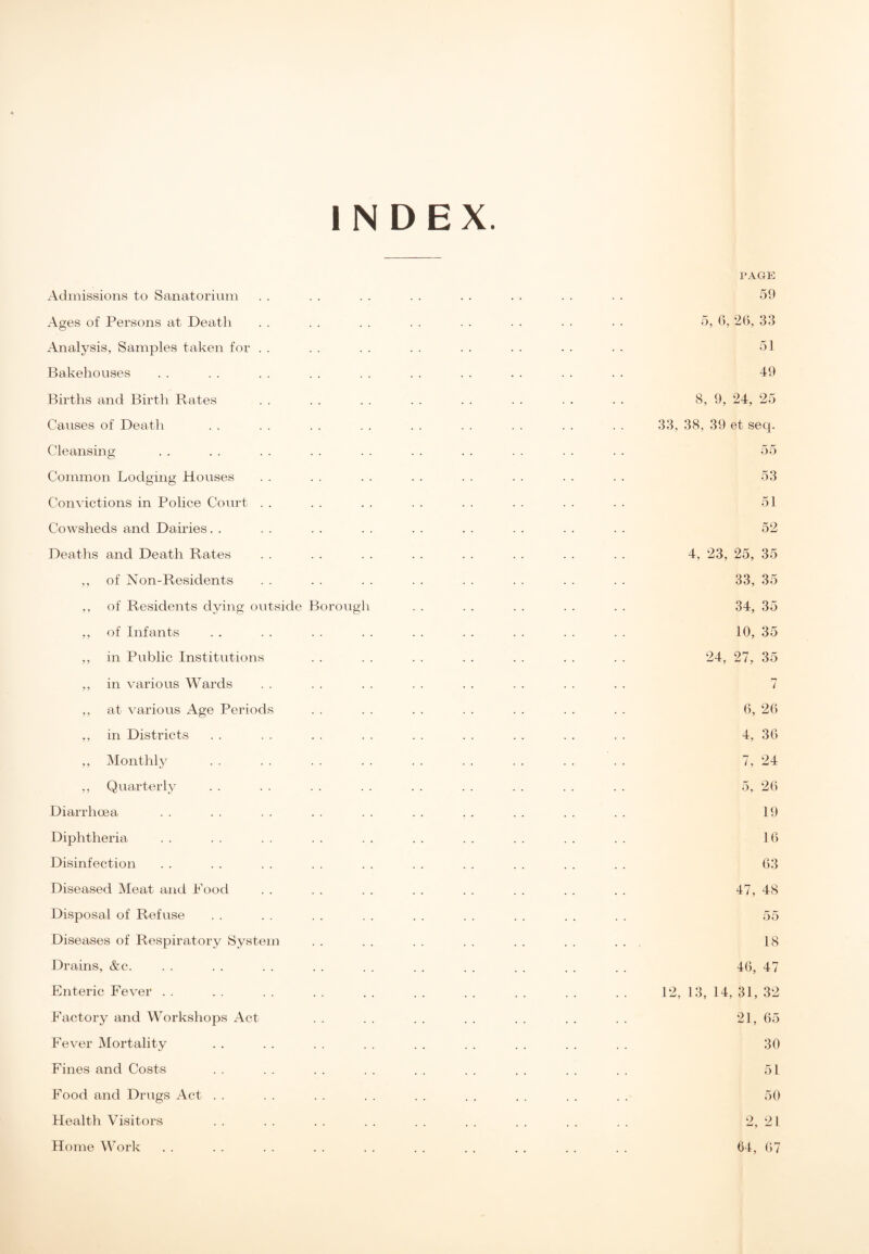 INDEX. Admissions to Sanatorium Ages of Persons at Death Analysis, Samples taken for Bakehouses Births and Birth Rates Causes of Death Cleansing Common Lodging Houses Convictions in Police Court Cowsheds and Dairies Deaths and Death Rates ,, of Non-Residents ,, of Residents dying outside Borough ,, of Infants ,, in Public Institutions ,, in various Wards ,, at various Age Periods ,, in Districts ,, Monthly ,, Quarterly Diarrhoea Diphtheria Disinfection Diseased Meat and Pood Disposal of Refuse Diseases of Respiratory System Drains, &c. Enteric Fever Factory and Workshops Act Fever Mortality Fines and Costs Food and Drugs Act Health Visitors Home Work PAGE 59 5, 6, 26, 33 51 49 8, 9, 24, 25 33, 38, 39 et seq. 55 53 51 52 4, 23, 25, 35 33, 35 34, 35 10, 35 24, 27, 35 7 6, 26 4, 36 7, 24 5, 26 19 16 63 47, 48 55 18 46, 47 12, 13, 14, 31, 32 21, 65 30 51 50 2, 21 64, 67