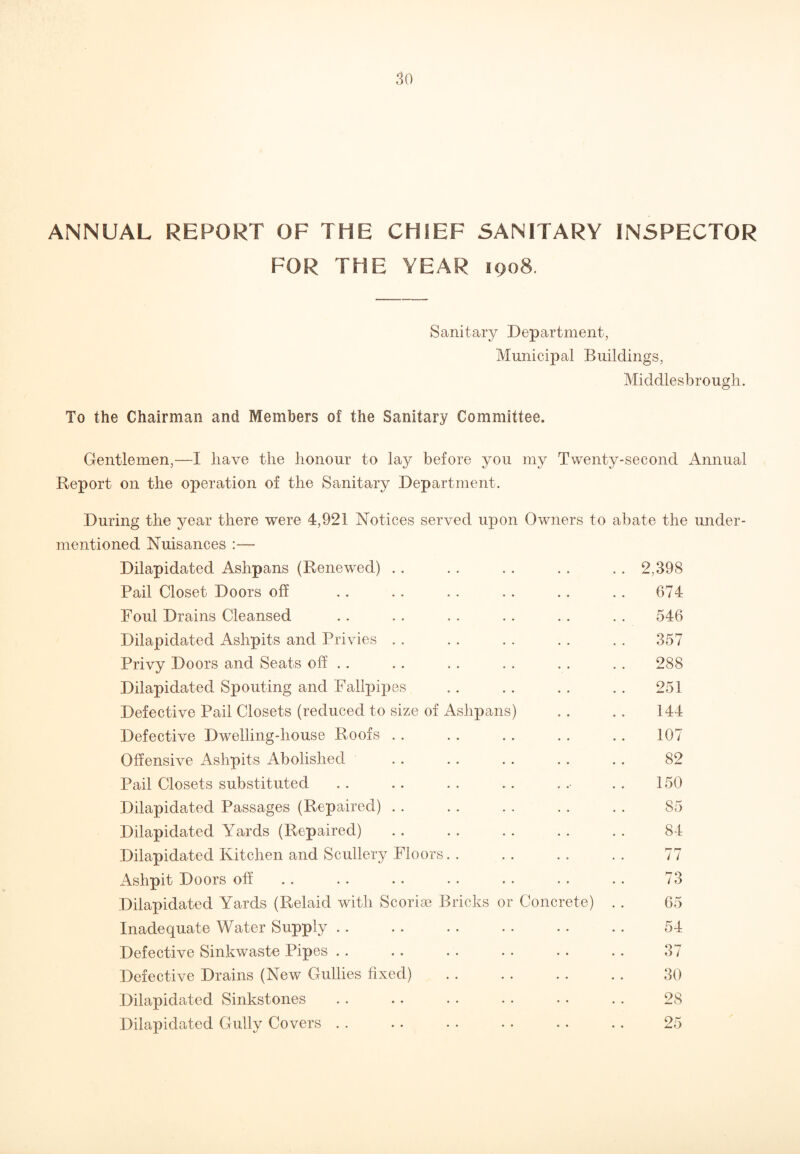 ANNUAL REPORT OF THE CHIEF SANITARY INSPECTOR FOR THE YEAR 1908. Sanitary Department, Municipal Buildings, Middlesbrough. To the Chairman and Members of the Sanitary Committee. Gentlemen,—I have the honour to lay before you my Twenty-second Annual Report on the operation of the Sanitary Department. During the year there were 4,921 Notices served upon Owners to abate the under¬ mentioned Nuisances :— Dilapidated Aslipans (Renewed) . . . . .. 2,398 Pail Closet Doors off • • 674 Foul Drains Cleansed . • 546 Dilapidated Ashpits and Privies . . • • • • • • 357 Privy Doors and Seats off . . • • • • • • 288 Dilapidated Spouting and Fallpipes • • • • • • 251 Defective Pail Closets (reduced to size of Aslipans) 144 Defective Dwelling-house Roofs . . . . 107 Offensive Ashpits Abolished . . . . . . 82 Pail Closets substituted . . . . . . 150 Dilapidated Passages (Repaired) . . • • 85 Dilapidated Yards (Repaired) . . 84 Dilapidated Kitchen and Scullery Floors 3 . . ll Ashpit Doors off . . 73 Dilapidated Yards (Relaid with Scoriae Bricks or Concrete) 65 Inadequate Water Supply • • • • • • 54 Defective Sinkwaste Pipes • • • • • • 37 Defective Drains (New Gullies fixed) • • • • • • 30 Dilapidated Sinkstones • • • • • • 28 Dilapidated Gully Covers . . • • 25