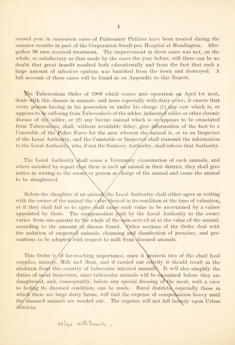 second year in succession cases of Pulmonary Phthisis have been treated during the summer months in part of the Corporation Small-pox Hospital at Hemlington. Alto¬ gether 30 men received treatment. The improvement in these cases was not, on the whole, so satisfactory as that made by the cases the year before, still there can be no doubt that great benefit resulted both educationally and from the fact that such a large amount of infective sputum was banished from the town and destroyed. A full account of these cases will be found in an Appendix to this Report. te Tuberculosis Order of 1909 which comes into operation oh April 1st next, deals with this disease in animals, and more especially with dairy cows; it enacts that every person having in his possession or under his charge (1)any cow which is, or appears to l^e suffering from Tuberculosis of the udder, indurated udder or other chronic disease of thh udder, or (2) any bovine animal which is or/appears to be emaciated from Tuberculosis, shall, without avoidable delay, give information of the fact to a Constable of the Police Force for the area wherein the/animal is, or to an Inspector of the Local Authority, and the Constable or Inspector shall transmit the information to the Local Authority, who, if not the Sanitary Authority, shall inform that Authority. The Local Authority Vhall cause a Veterinary examination of such animals, and where satisfied by report that there is such an animal in their district, they shall give notice in writing to the owner or person m/marge of the animal and cause the animal to be slaughtered. Before the slaughter of an animaVdhe Local Authority shall either agree in writing with the owner of the animal the valueHhereof in its condition at the time of valuation, or if they shall fail so to agree shall cause such value to be ascertained by a valuer appointed by them. The compensation {Hr id by the Local Authority to the owner varies from one-quarter to the whole of the sum arrived at as the value of the animal, according to the amount of disease found, \3ther sections of the Order deal with the isolation of suspected animals, cleansing ahd disinfection of premises, and pre¬ cautions to be adopted/with respect to milk from\liseased animals. This Order is/of far-reaching importance, since it Vrotects two of the chief food supplies, namely, Milk and Meat, and if carried out strictly it should result m the abolition from this country of tubercular infected animals^ It will also simplify the duties of meat inspection, since tubercular animals will be examined before they are slaughtered, and, consequently, before any special dressing orNdie meat, with a view to hiding its diseased condition, can be made. Rural districts^ especially those in whicK there are large dairy farms, will find the expense of compensation heavy until the' diseased animals are weeded out. The expense will not fall heavily upon Urban districts. (yl o cW ^ vcu/q .