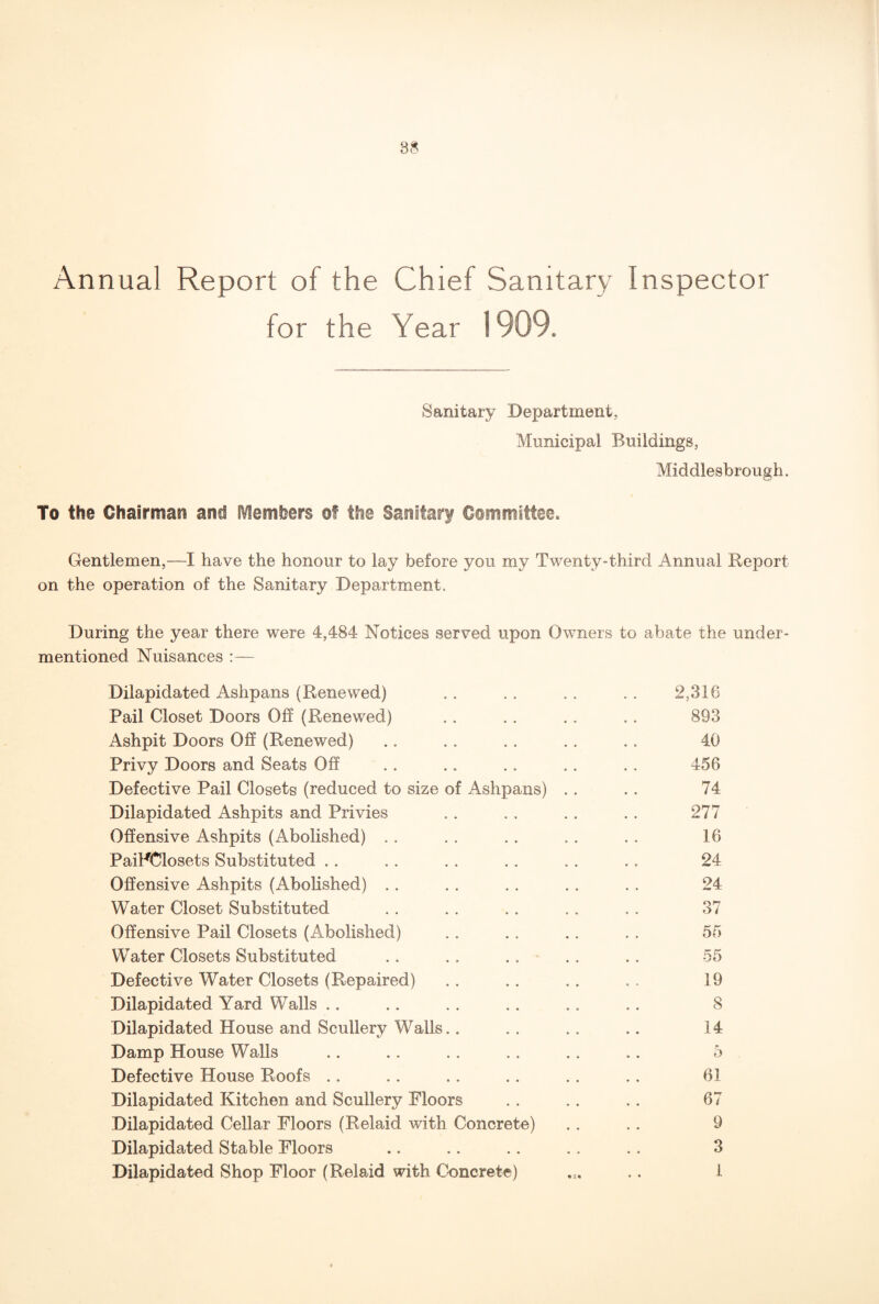 Annual Report of the Chief Sanitary Inspector for the Year 1909. Sanitary Department, Municipal Buildings, Middlesbrough. To the Chairman anil IVlemhers of the Sanitary Committee. Gentlemen,—I have the honour to lay before you my Twenty-third Annual Report on the operation of the Sanitary Department. During the year there were 4,484 Notices served upon Owners to abate the under¬ mentioned Nuisances :— Dilapidated Ashpans (Renewed) .. .. .. .. 2,316 Pail Closet Doors Off (Renewed) .. .. .. .. 893 Ashpit Doors Off (Renewed) .. .. .. .. .. 40 Privy Doors and Seats Off .. .. .. .. .. 456 Defective Pail Closets (reduced to size of Ashpans) .. .. 74 Dilapidated Ashpits and Privies . . . . . . . . 277 Offensive Ashpits (Abolished) . . . . .. .. .. 16 PaiHClosets Substituted . . . . . . . . . . .. 24 Offensive Ashpits (Abolished) .. . . .. . . . . 24 Water Closet Substituted .. .. .. .. . . 37 Offensive Pail Closets (Abolished) . . . . .. . . 55 Water Closets Substituted .. .. .. .. .. 55 Defective Water Closets (Repaired) .. .. .. .. 19 Dilapidated Yard Walls .. .. .. .. .. .. 8 Dilapidated House and Scullery Walls.. .. .. .. 14 Damp House Walls .. .. .. .. .. .. 5 Defective House Roofs .. .. .. .. .. . . 61 Dilapidated Kitchen and Scullery Floors .. .. .. 67 Dilapidated Cellar Floors (Relaid with Concrete) . . .. 9 Dilapidated Stable Floors .. .. .. .. .. 3 Dilapidated Shop Floor (Relaid with Concrete) .. 1