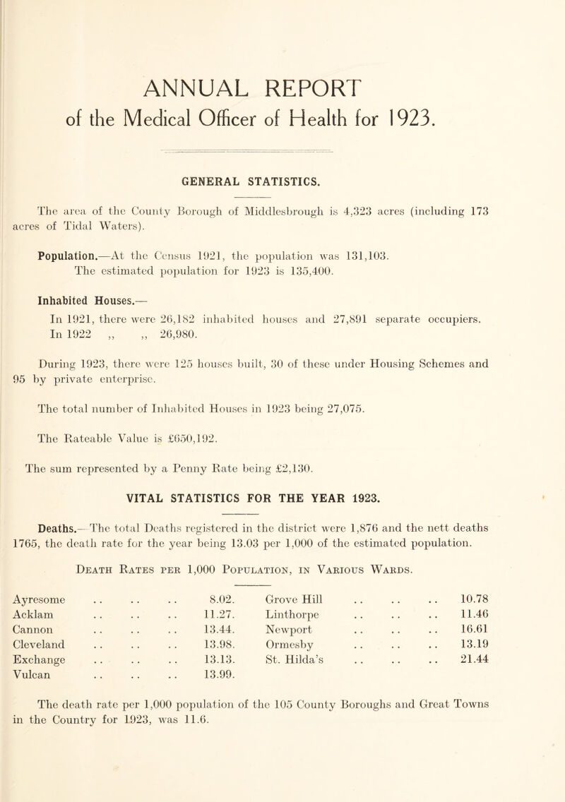 ANNUAL REPORT of the Medical Officer of Health for 1923. GENERAL STATISTICS. The area of the County Borough of Middlesbrough is 4,323 acres (including 173 acres of Tidal Waters). Population.—At the Census 1921, the population was 131,103. The estimated population for 1923 is 135,400. Inhabited Houses.— In 1921, there were 26,182 inhabited houses and 27,891 separate occupiers. In 1922 „ „ 26,980. During 1923, there were 125 houses built, 30 of these under Housing Schemes and 95 by private enterprise. The total number of Inhabited Houses in 1923 being 27,075. The Rateable Value is £650,192. The sum represented by a Penny Rate being £2,130. VITAL STATISTICS FOR THE YEAR 1923. Deaths.—The total Deaths registered in the district were 1,876 and the nett deaths 1765, the death rate for the year being 13.03 per 1,000 of the estimated population. Ayresome Acklam Cannon Cleveland Exchange Vulcan Death Rates per 1,000 Population, in Various Wards. 8.02. 11.27. 13.44. 13.98. 13.13. 13.99. Grove Hill Linthorpe Newport Ormesby St. Hilda’s 10.78 11.46 16.61 13.19 21.44 The death rate per 1,000 population of the 105 County Boroughs and Great Towns in the Countrv for 1923, was 11.6. 4/ '