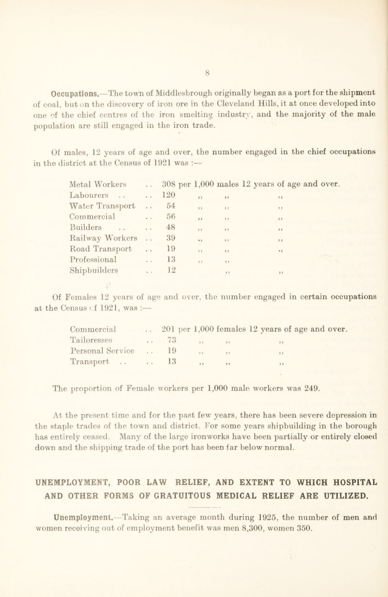 Occupations.—The town of Middlesbrough originally began as a port for the shipment of coal, but on the discovery of iron ore in the Cleveland Hills, it at once developed into one of the chief centres of the iron smelting industry, and the majority of the male population are still engaged in the iron trade. Of males, 12 years of age and over, the number engaged in the chief occupations in the district at the Census of 1921 was :— Metal Workers 308 per 1,000 males 12 years of age and over Labourers 120 y y yy yy Water Transport 54 y y yy yy Commercial 56 y y yy yy Builders 48 y y yy yy Railway Workers . . 39 y y yy yy Road Transport 19 y y yy yy Professional 13 y y y y Shipbuilders 12 yy yy Of Females 12 years of age and over, the number engaged in certain occupations at the Census cf 1921, was :— Commercial 201 per 1,000 Tailoresses 73 y y Personal Service 19 y y Transport 13 y y females 12 years of age and over. ? y yy 5 ? 5 ? >5 5 ? The proportion of Female workers per 1,000 male workers was 249. At the present time and for the past few years, there has been severe depression in the staple trades of the town and district. For some years shipbuilding in the borough has entirely ceased. Many of the large ironworks have been partially or entirely closed down and the shipping trade of the port has been far below normal. UNEMPLOYMENT, POOR LAW RELIEF, AND EXTENT TO WHICH HOSPITAL AND OTHER FORMS OF GRATUITOUS MEDICAL RELIEF ARE UTILIZED. Unemployment.—Taking an average month during 1925, the number of men and women recei ving out of employment benefit was men 8,300, women 350.