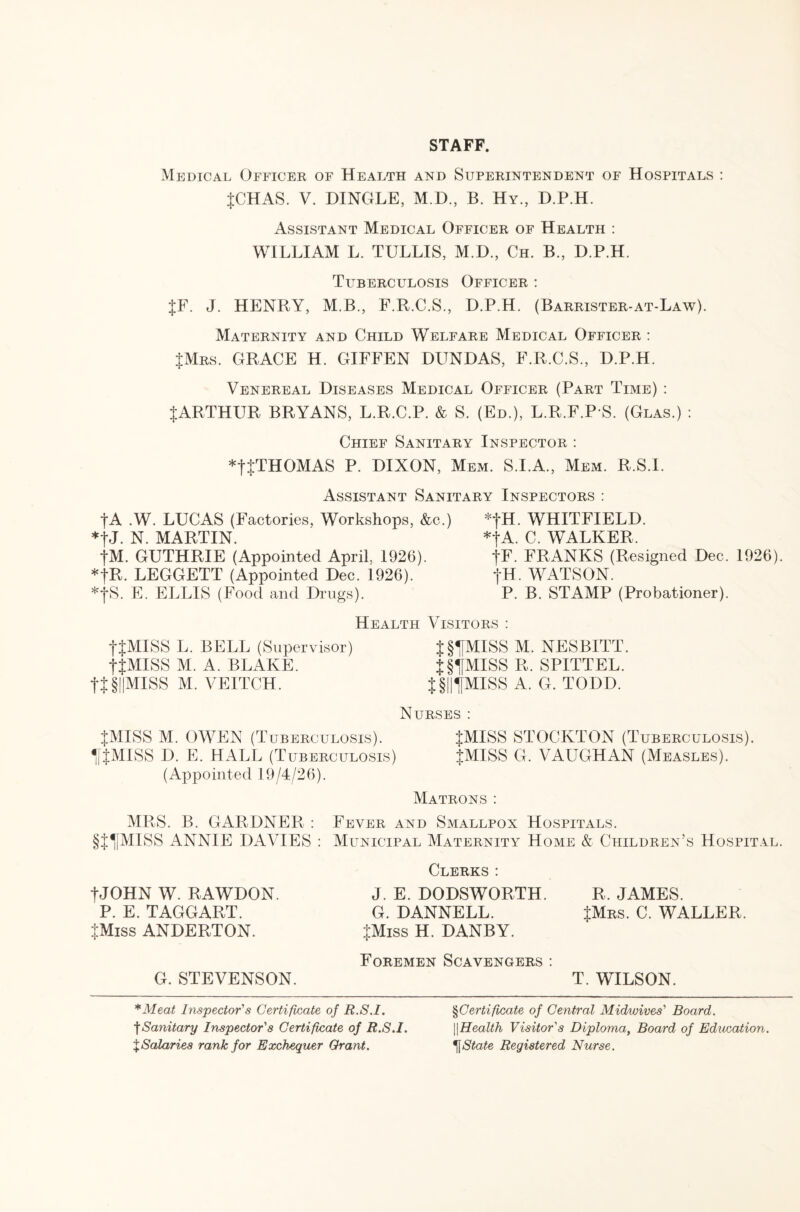 STAFF. Medical Officer of Health and Superintendent of Hospitals : {CHAS. V. DINGLE, M.D., B. Hy, D.P.H. Assistant Medical Officer of Health : WILLIAM L. TULLIS, M.D., Ch. B., D.P.H. Tuberculosis Officer : {F. J. HENRY, M.B., F.R.C.S., D.P.H. (Barrister-at-Law). Maternity and Child Welfare Medical Officer : {Mrs. GRACE H. GIFFEN DUNDAS, F.R.C.S., D.P.H. Venereal Diseases Medical Officer (Part Time) : {ARTHUR BRYANS, L.R.C.P. & S. (Ed.), L.R.F.P S. (Glas.) : Chief Sanitary Inspector : *{{THOMAS P. DIXON, Mem. S.I.A., Mem. R.S.I. Assistant Sanitary Inspectors : {A .W. LUCAS (Factories, Workshops, &c.) *{J. N. MARTIN. {M. GUTHRIE (Appointed April. 1926). *{R. LEGGETT (Appointed Dec. 1926). *{S. E. ELLIS (Food and Drugs). *{H. WHITFIELD. *{A. C. WALKER, {F. FRANKS (Resigned Dec. 1926). fH. WATSON. P. B. STAMP (Probationer). Health Visitors : {{MISS L. BELL (Supervisor) {§1fMISS M. NESBITT. {{MISS M. A. BLAKE. {§«JMISS R. SPITTEL. {{§||MISS M. VEITCH. {§|H|MISS A. G. TODD. Nurses : {MISS M. OWEN (Tuberculosis). {MISS STOCKTON (Tuberculosis). 1f{MISS D. E. HALL (Tuberculosis) {MISS G. VAUGHAN (Measles). (Appointed 19/4/26). Matrons: MRS. B. GARDNER : Fever and Smallpox Hospitals. §{lfMISS ANNIE DAVIES : Municipal Maternity Home & Children’s Hospital. {JOHN W. RAWDON. P. E. TAGGART. {Miss ANDERTON. G. STEVENSON. Clerks: J. E. DODSWORTH. G. DANNELL. {Miss H. DANBY. Foremen Scavengers : R, JAMES. {Mrs. C. WALLER. T. WILSON. *Meat Inspector's Certificate of R.S.I. {Sanitary Inspector's Certificate of R.S.I. XSalaries rank for Exchequer Grant. ^Certificate of Central Midwives' Board. \\Health Visitor's Diploma, Board of Education. State Registered Nurse.