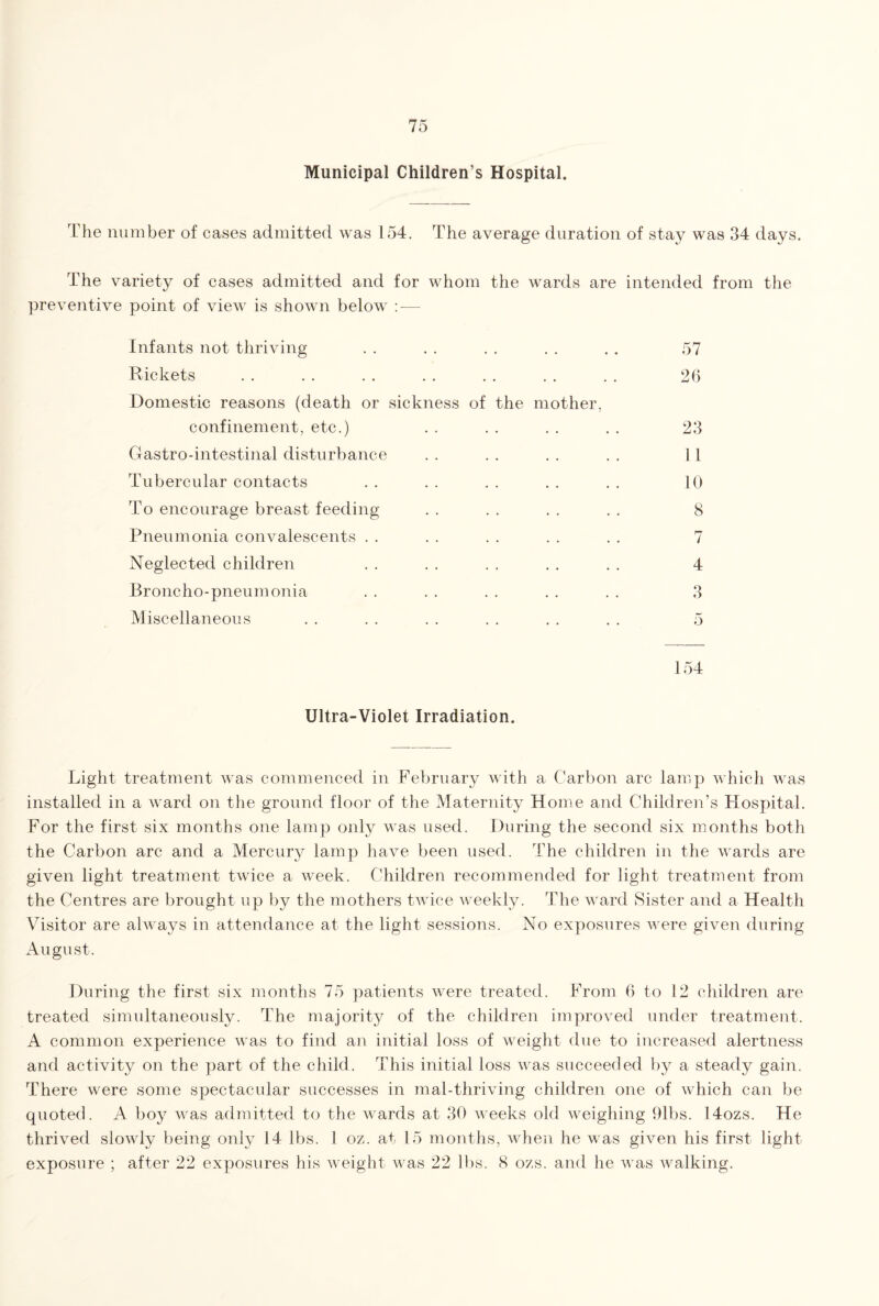 Municipal Children’s Hospital. The number of cases admitted was 154. The average duration of stay was 34 days. The variety of cases admitted and for whom the wards are intended from the preventive point of view is shown below — Infants not thriving . . . . . . . . . . 57 Rickets . . . . . . . . . . . . . . 26 Domestic reasons (death or sickness of the mother, confinement, etc.) . . . . . . . . 23 Gastro-intestinal disturbance . . . . . . . . II Tubercular contacts . . . . . . . . . . 10 To encourage breast feeding . . . . . . . . 8 Pneumonia convalescents . . . . . . . . . . 7 Neglected children . . . . . . . . . . 4 Broncho-pneumonia . . . . . . . . . . 3 Miscellaneous . . . . . . . . . . . . 5 154 Ultra-Violet Irradiation. Light treatment was commenced in February with a Carbon arc lamp which was installed in a ward on the ground floor of the Maternity Home and Children’s Hospital. For the first six months one lamp only was used. During the second six months both the Carbon arc and a Mercury lamp have been used. The children in the wards are given light treatment twice a week. Children recommended for light treatment from the Centres are brought up by the mothers twice weekly. The ward Sister and a Health Visitor are always in attendance at the light sessions. No exposures were given during August. During the first six months 75 patients were treated. From 6 to 12 children are treated simultaneously. The majority of the children improved under treatment. A common experience was to find an initial loss of weight due to increased alertness and activity on the part of the child. This initial loss was succeeded by a steady gain. There were some spectacular successes in mal-thriving children one of which can be quoted. A boy was admitted to the wards at 30 weeks old weighing 91bs. 14ozs. He thrived slowly being only 14 lbs. 1 oz. at 15 months, when he was given his first light exposure ; after 22 exposures his weight was 22 lbs. 8 ozs. and he was walking.