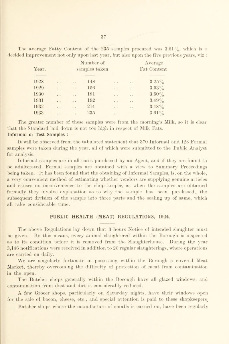 The average Fatty Content of the 235 samples procured was 3.61%, which is a decided improvement not only upon last year, but also upon the five previous years, viz : Number of Average Year. samples taken Fat Content 1928 148 3.25% 1929 156 3.53% 1930 181 3.50% 1931 192 3.49% 1932 214 3.48% 1933 235 3.61% The greater number of these samples were from the morning’s Milk, so it is clear that the Standard laid down is not too high in respect of Milk Fats. Informal or Test Samples :— It will be observed from the tabulated statement that 370 Informal and 128 Formal samples were taken during the year, all of which were submitted to the Public Analyst for analysis. Informal samples are in all cases purchased by an Agent, and if they are found to be adulterated, Formal samples are obtained with a view to Summary Proceedings being taken. It has been found that the obtaining of Informal Samples, is, on the whole, a very convenient method of estimating whether vendors are supplying genuine articles and causes no inconvenience to the shop keeper, as when the samples are obtained formally they involve explanation as to why the sample has been purchased, the subsequent division of the sample into three parts and the sealing up of same, which all take considerable time. PUBLIC HEALTH (MEAT) REGULATIONS, 1924. The above Regulations lay down that 3 hours Notice of intended slaughter must be given. By this means, every animal slaughtered within the Borough is inspected as to its condition before it is removed from the Slaughterhouse. During the year 3,146 notifications were received in addition to 20 regular slaughterings, where operations are carried on daily. We are singularly fortunate in possessing within the Borough a covered Meat- Market, thereby overcoming the difficulty of protection of meat from contamination in the open. The Butcher shops generally within the Borough have all glazed windows, and contamination from dust and dirt is considerably reduced. A few Grocer shops, particularly on Saturday nights, have their windows open for the sale of bacon, cheese, etc., and special attention is paid to these shopkeepers. Butcher shops where the manufacture of smalls is carried on, have been regularly